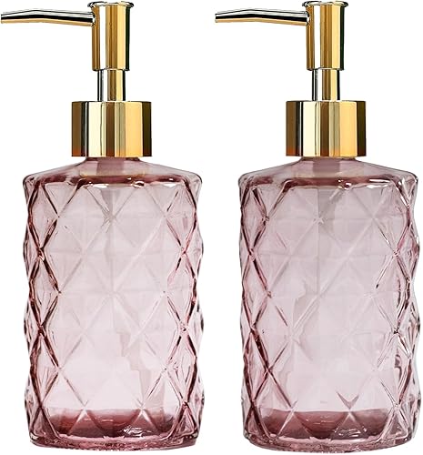 Dispensador de jabón de vidrio con bomba de plástico dorado, dispensador de jabón líquido recargable de 12 onzas, paquete de 2 botellas de loción de