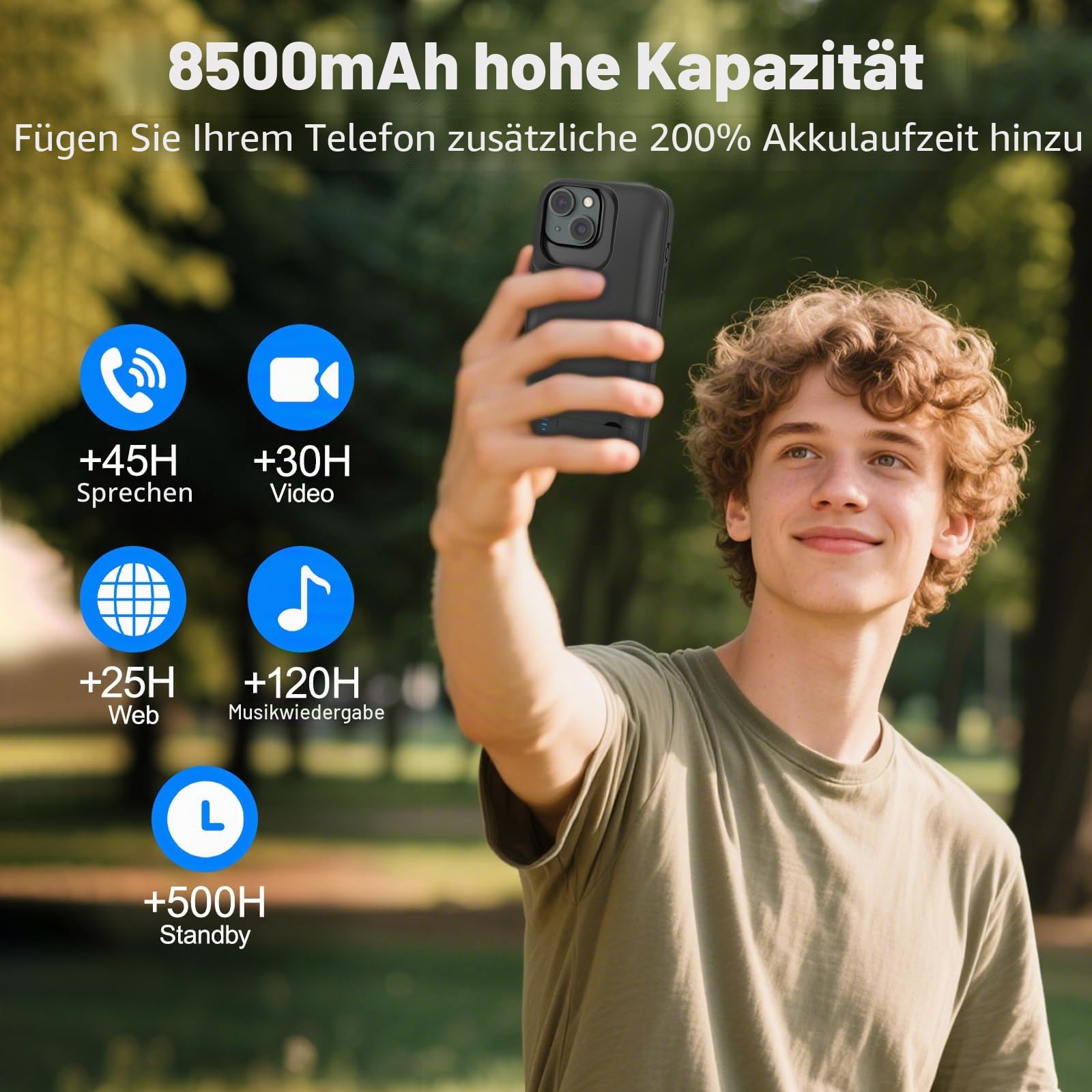Akku-Hülle für iPhone 15, Echtes 8500 mAh, Schmal, Wiederaufladbar, Erweitertes Ladegerät, Ladehülle Mit Ständer, Tragbare Schützende Powerbank für iPhone 15, 6,1 Zoll – Schwarz