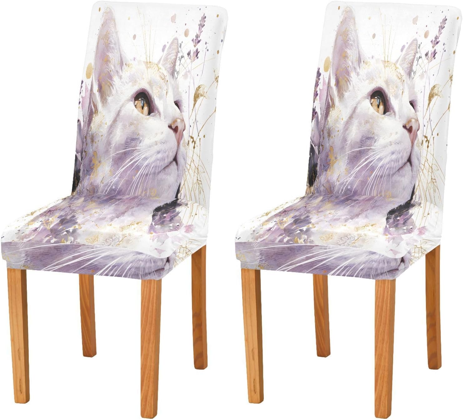 ALAZA Chair Covers for Dining Room, Purple Flowers White Cat Stretch Chair Cover Sets Chair Protector Removable Washable for Ktichen Restaurant Hotel