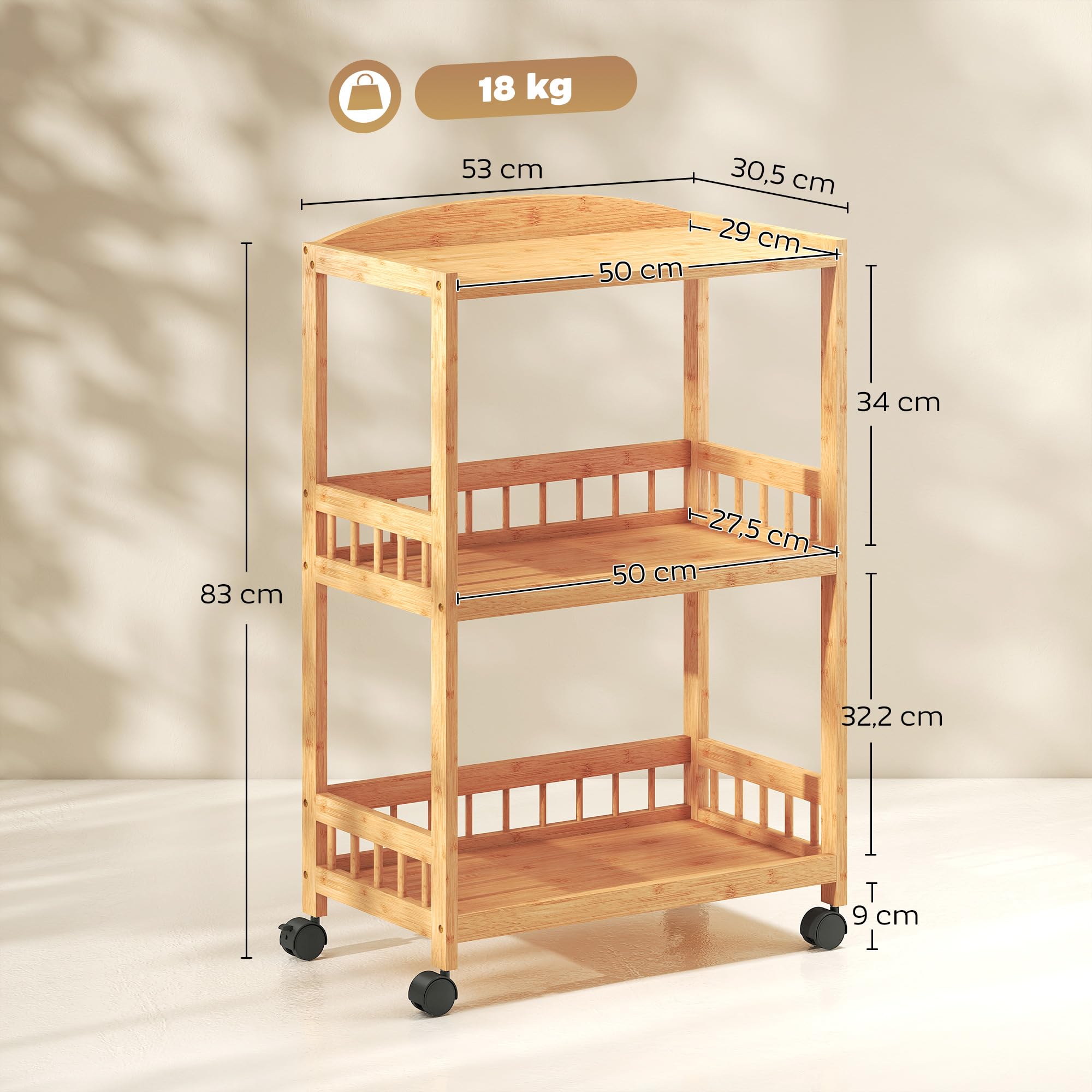 HOMCOM Chariot de Cuisine à 3 Niveaux, desserte à roulettes en Bambou, desserte Cuisine Multifonctionnel pour Chambre, Salon, Bureau, 53 x 30,5 x 83 cm, Bois Naturel