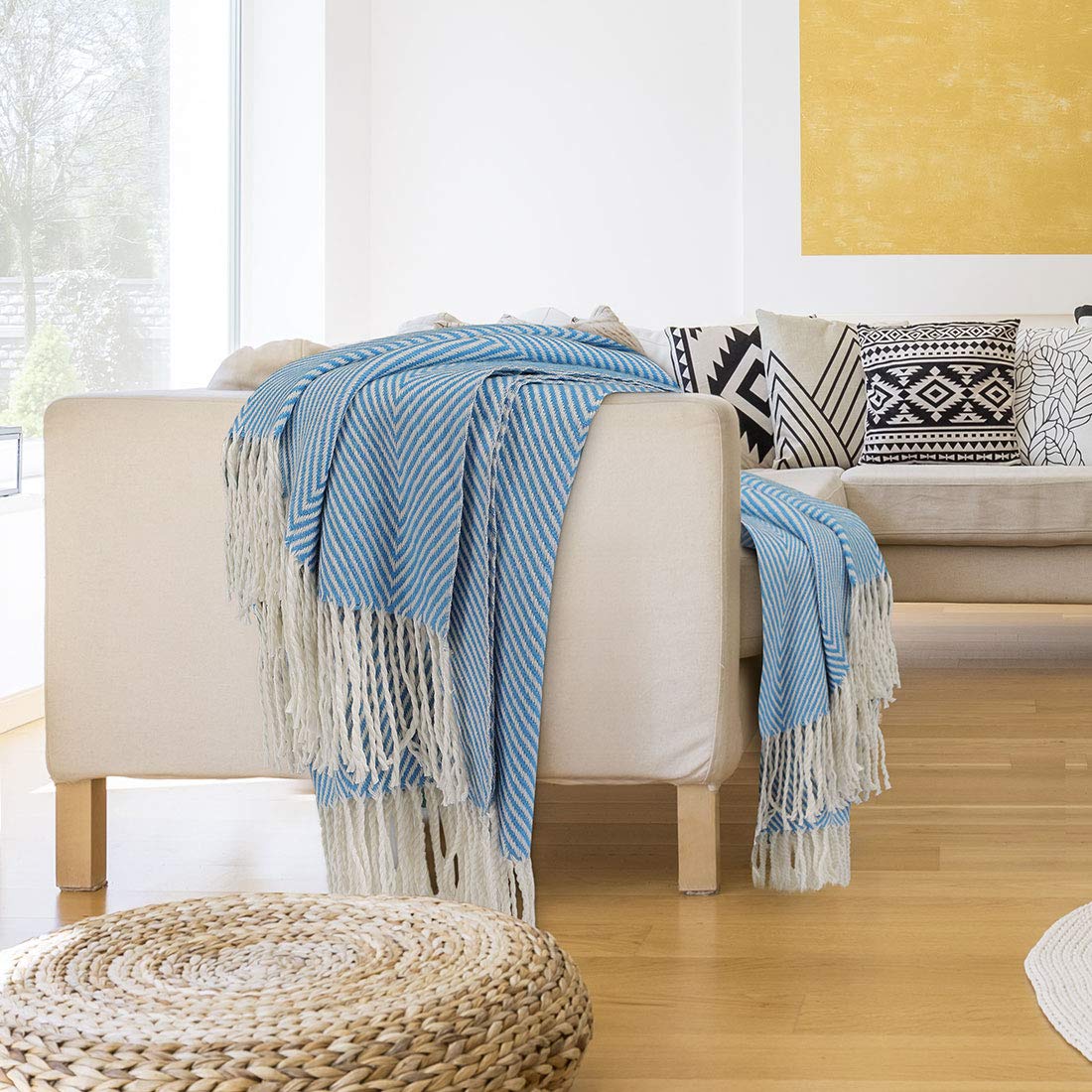 Gealaek Coperta In Finto Cashmere A Spina Di Pesce, Blu Navy Con Frange, 127x152 Cm, Morbida E Leggera Per Divano