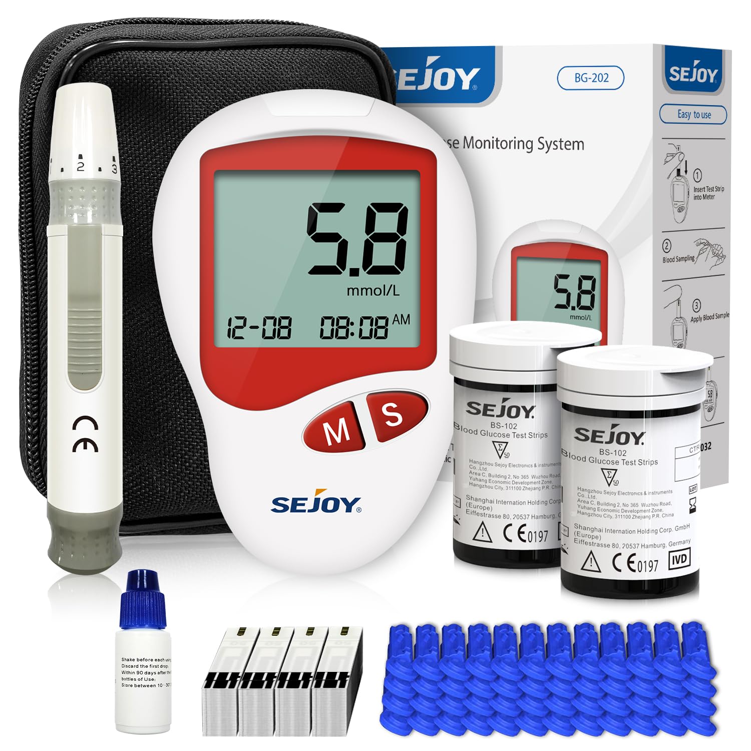 Sejoy Medidor de Glucosa en Sangre Digital, Kit de Prueba de Glucosa en Sangre, 50 x Tiras de Monitor de Glucosa en Sangre y Dispositivo de Punción - mg/dL
