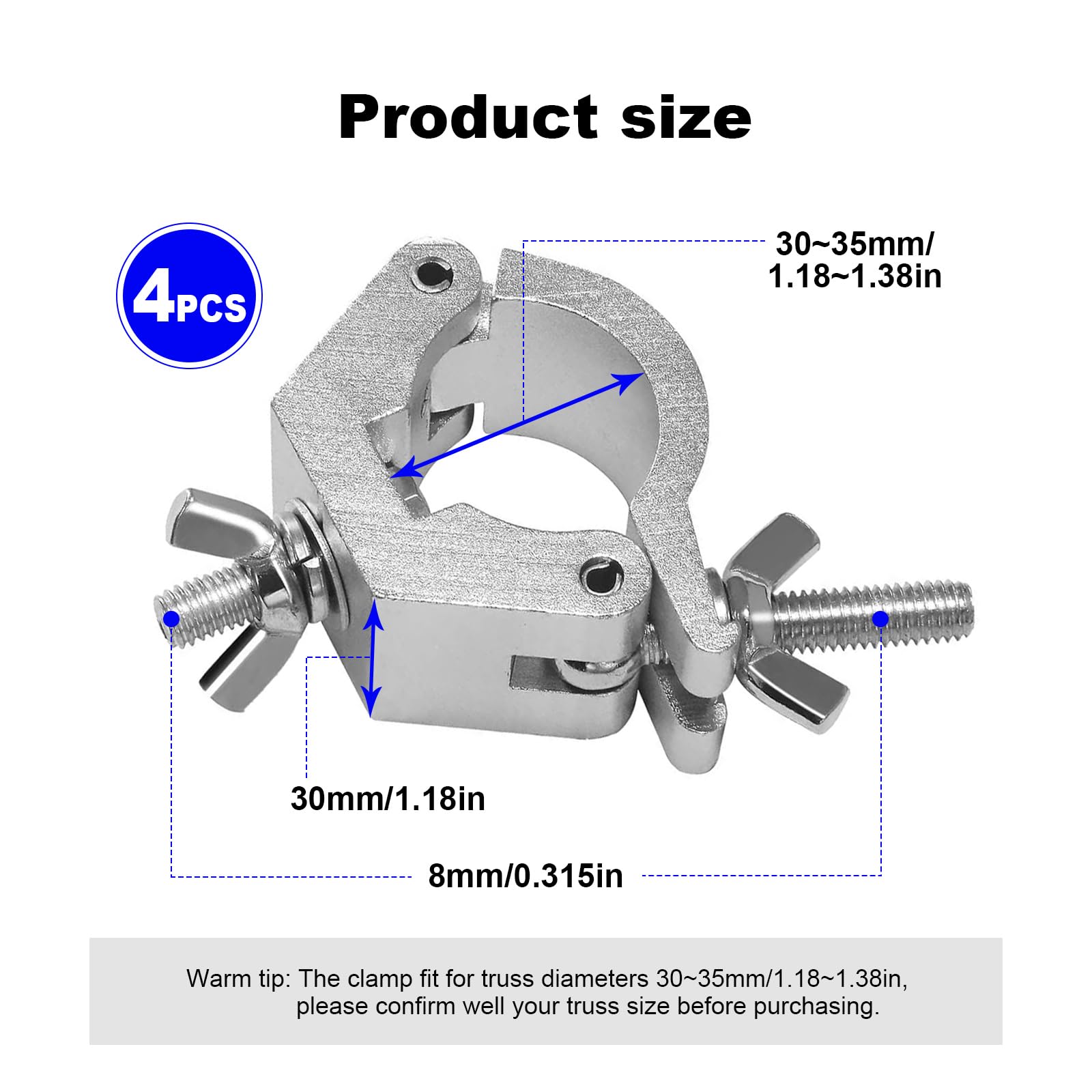 4 Stück Truss O Clamp, 30-35mm Bühnenbeleuchtung Halterung Traversen Klammern Aluminium Truss Haken für Bühnenlichter Hanging Bracket 80KG Ladekapazität (Silber)