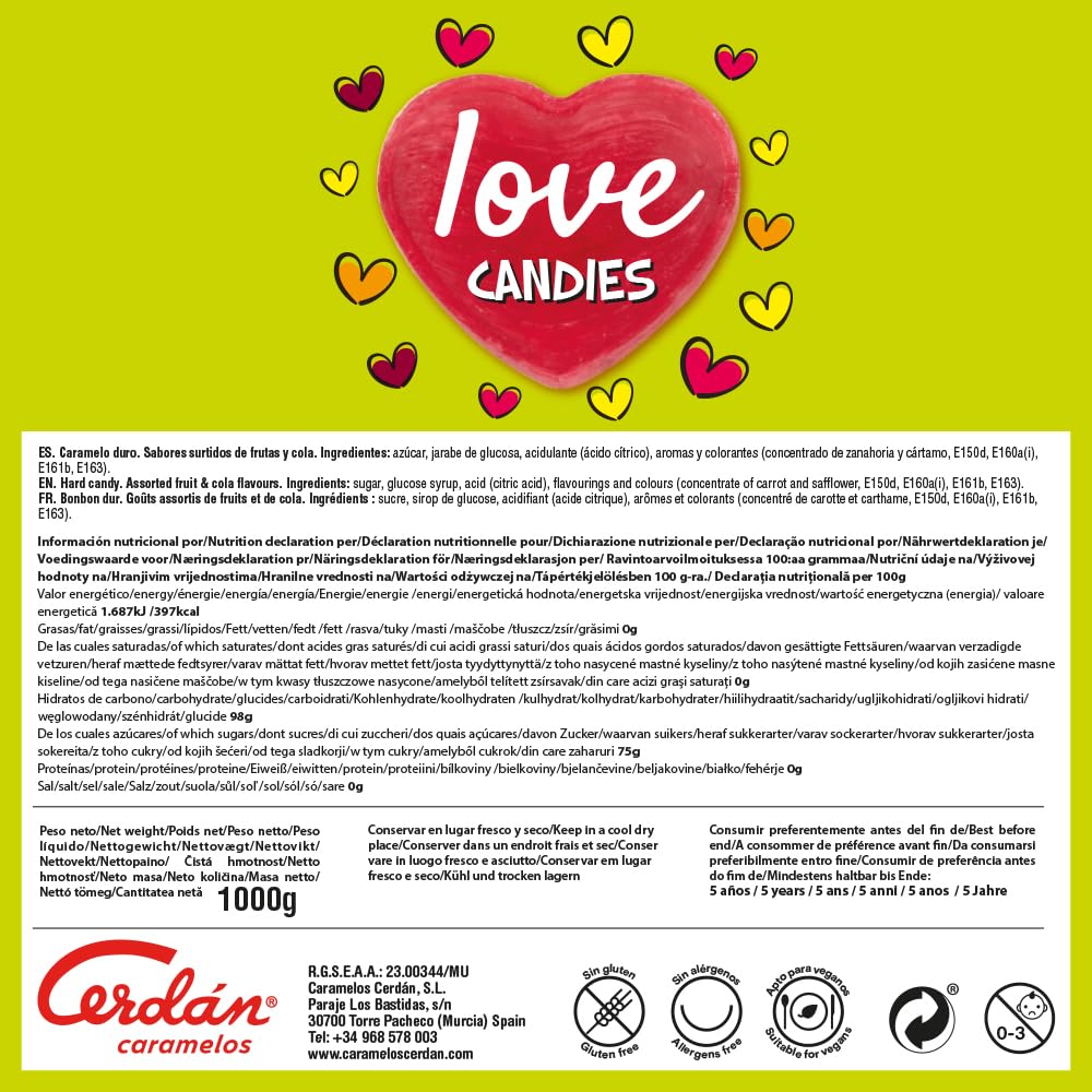 Caramelos Cerdán Caramelos con Forma de Corazón Love 333 Uds Bolsa 1Kg Sabores Surtidos Sin Gluten