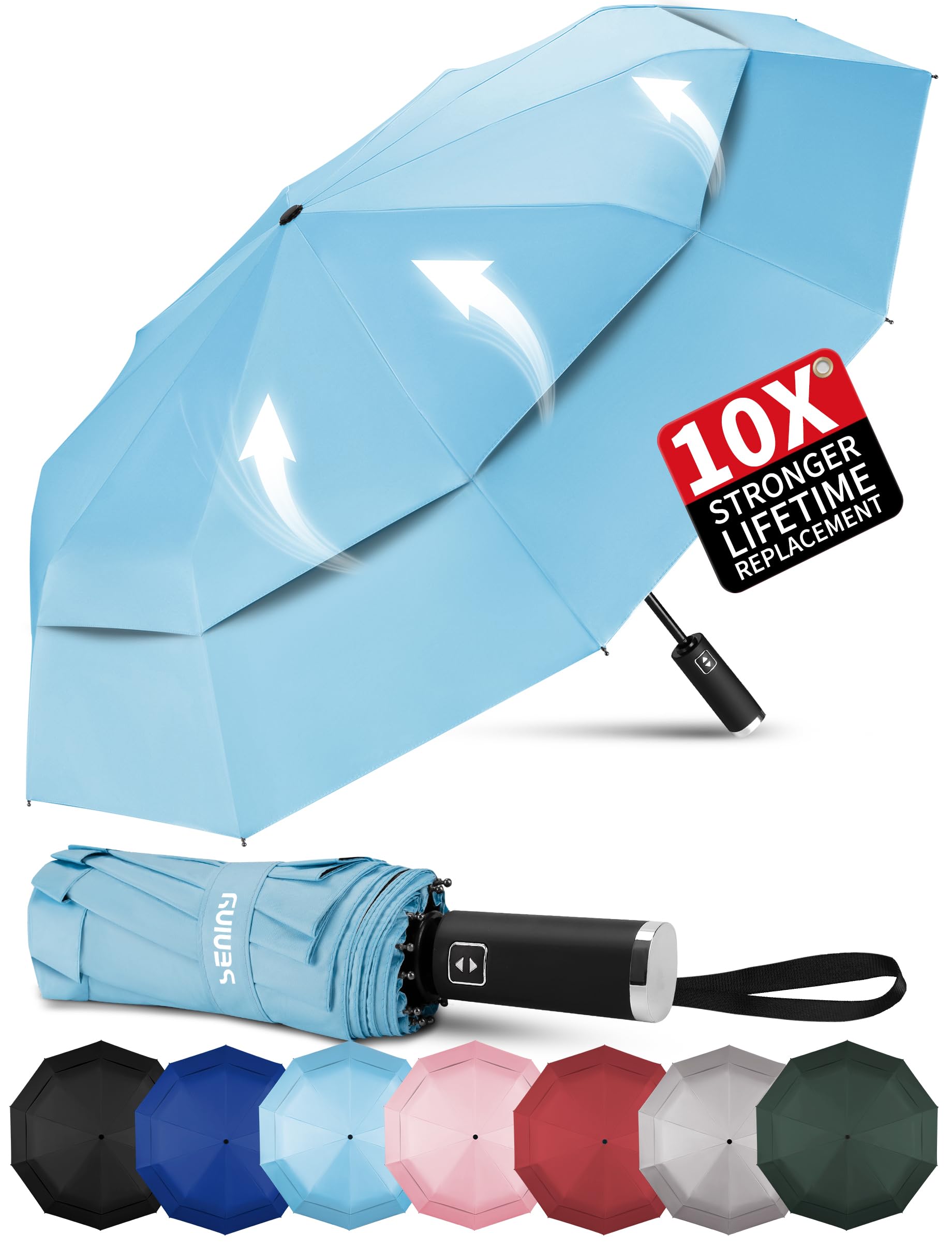 Seniny Travel Umbrella with Carabiner Handle, Windproof Large Umbrellas for Rain with Dual-Rib Structure, Portable Compact Umbrella with Reflective