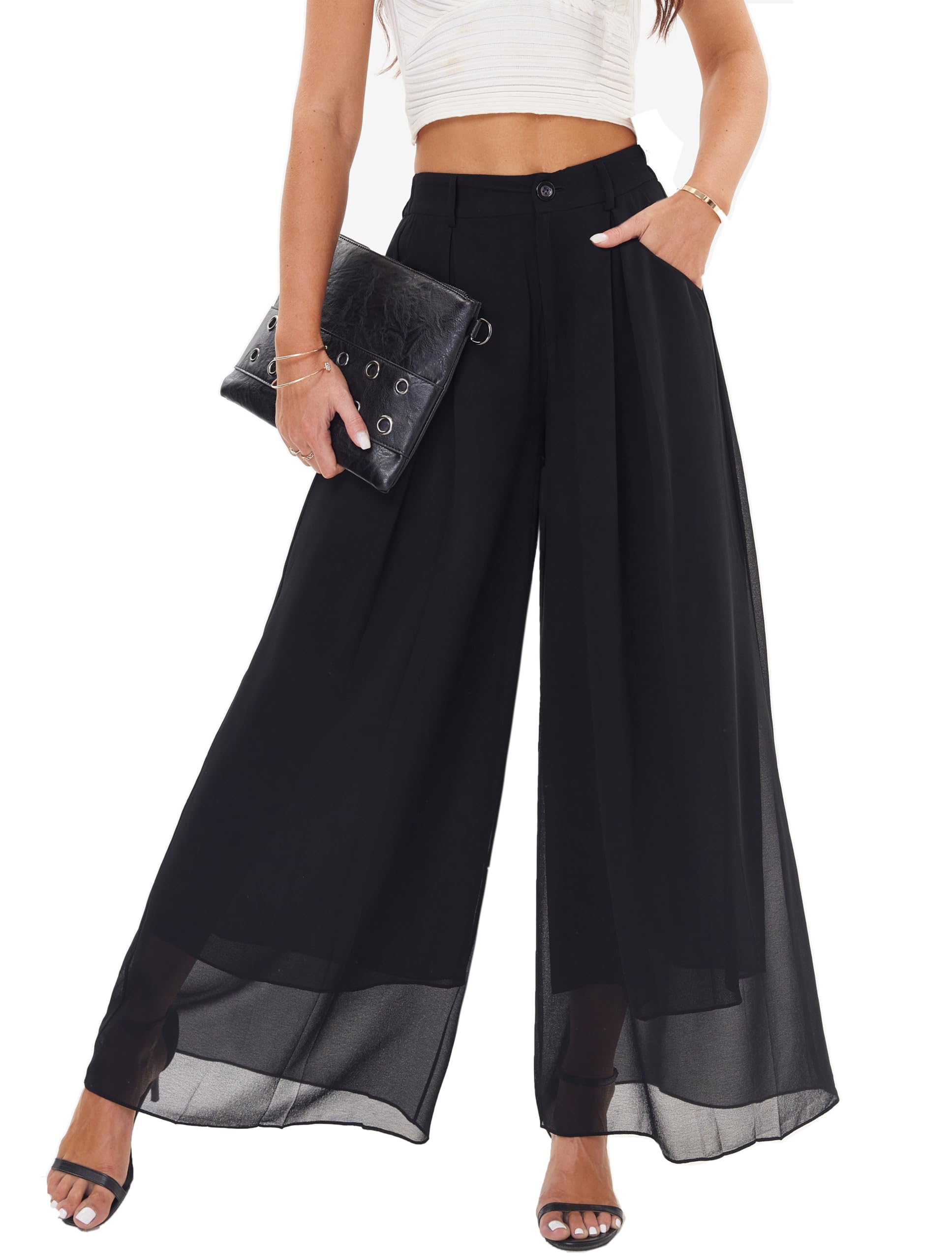 heipeiwa Womens Chiffon Wide Leg Palazzo Pants Flowy Casual Beach Party Dress Long Pants Trouser