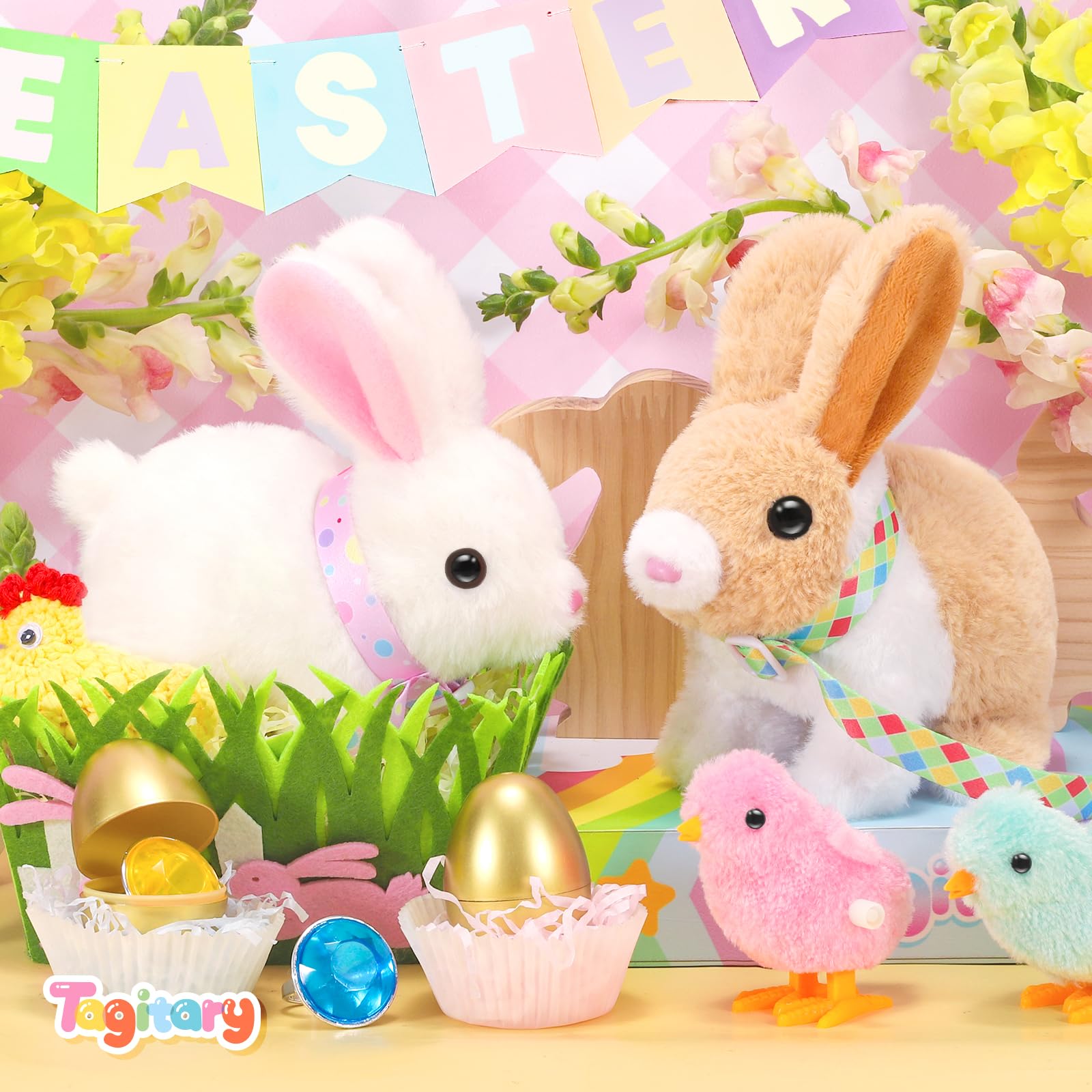 Tagitary Plush Easter Bunny Toys for Kids,Hopping Interactive Rabbit with Leash,Golden Egg,and Wind Up Toys,That Making Sounds,Wiggling Ears,Twitching Nose,Easter Basket Stuffers Gift for Toddlers