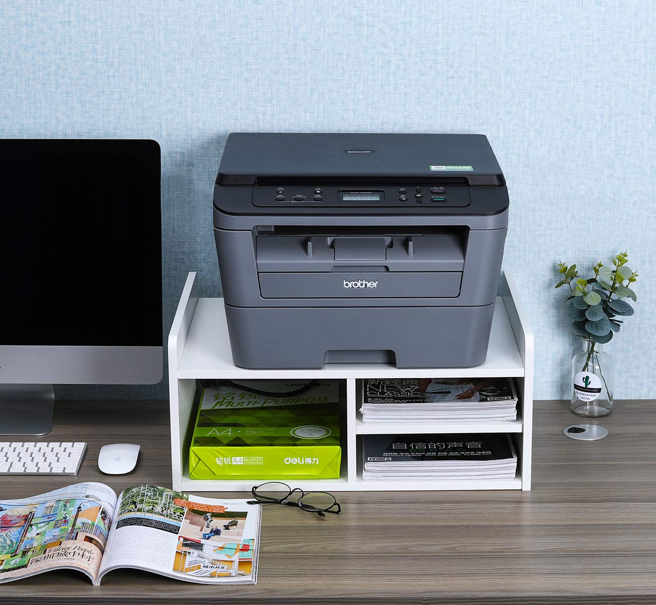 EasyPAG Supporto Stampante da Scrivania 4 Compartimenti Legno,Ripiano per Stampante,Organizzatore Carta A4 per Ufficio & Casa,Bianco
