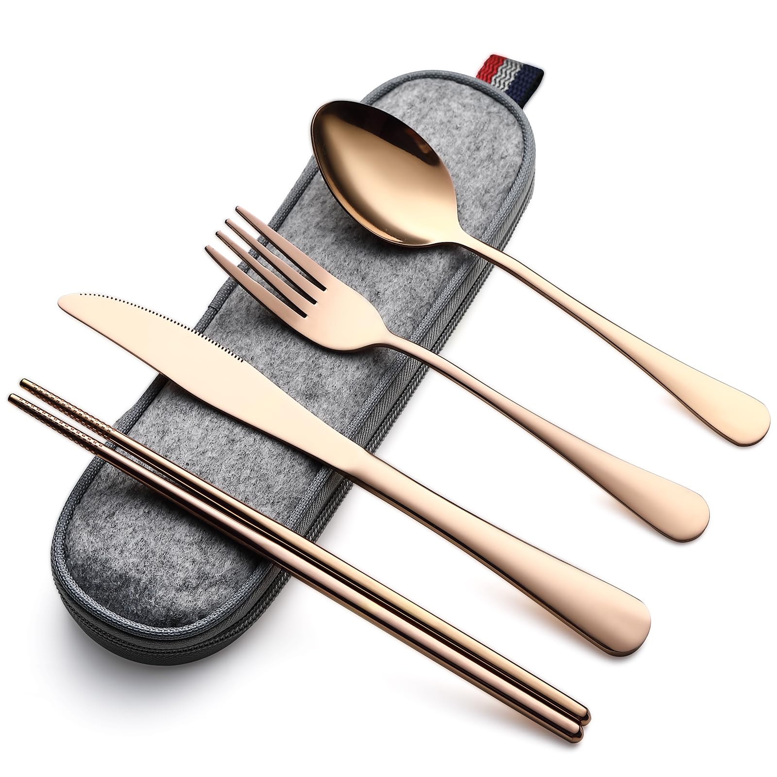 DEVICO Camping Utensils, Portable Travel Utensils with Case, Stainless Steel Reusable Silverware for Lunch Adult, 5Pcs Cutlery Set Includes Knife