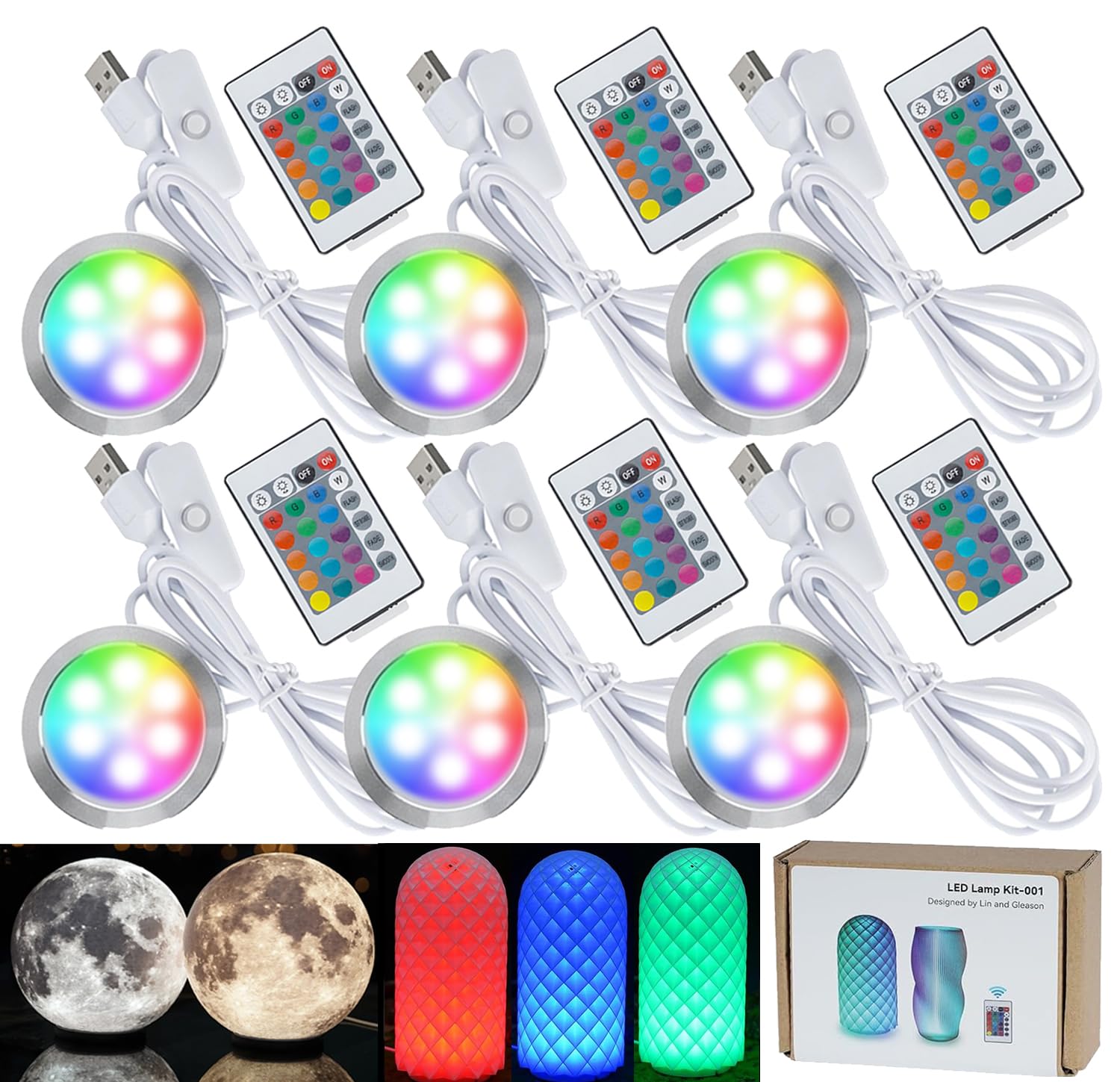 6PCS Remote Control RGB LED Lamp Kit 001 with Power Off Color Storage for Bambu Lab H2D/X1/P1P/A1 Includes Button Battery Makerworld 3D Printed DIY Hardware Model Spare Parts 5V USB Powered