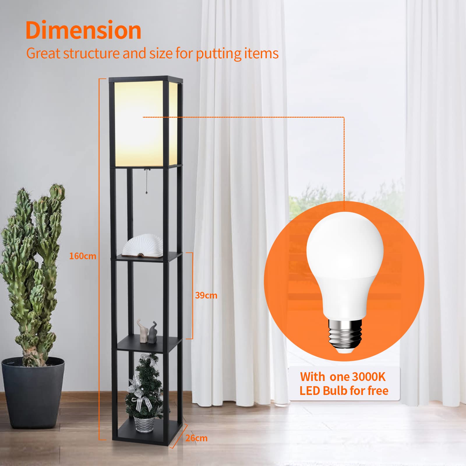 PULUOMIS Floor Lamp With Shelves, 3 Layers Wooden Shelf Standing Light