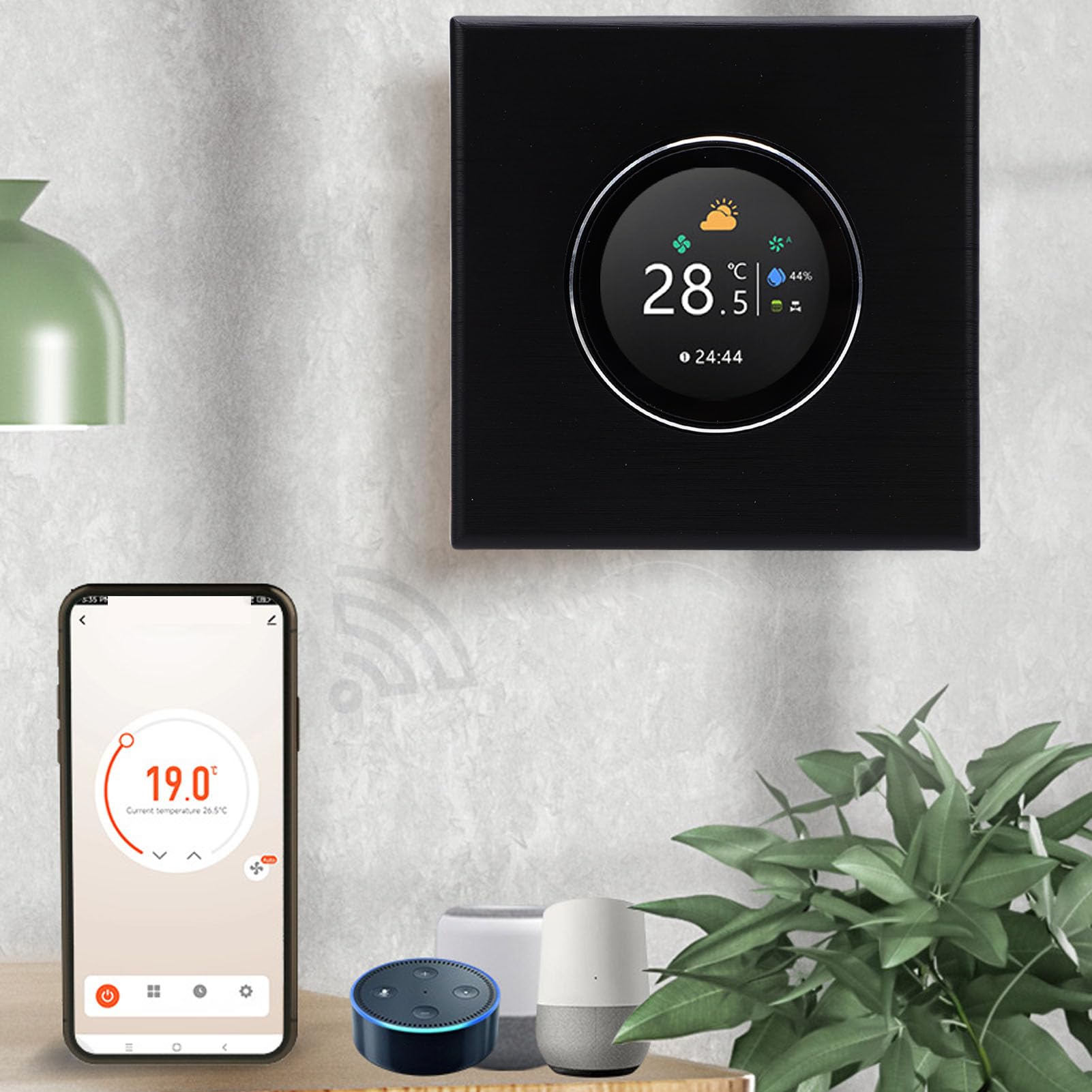 Walfront Inteligentny Termostat WiFi TFT Pokrętło z Ekranem Dotykowym Regulacja Temperatury Czarny do Elektrycznego Ogrzewania Podłogowego 5-35 ℃ Zakres Temperatury Pokojowej