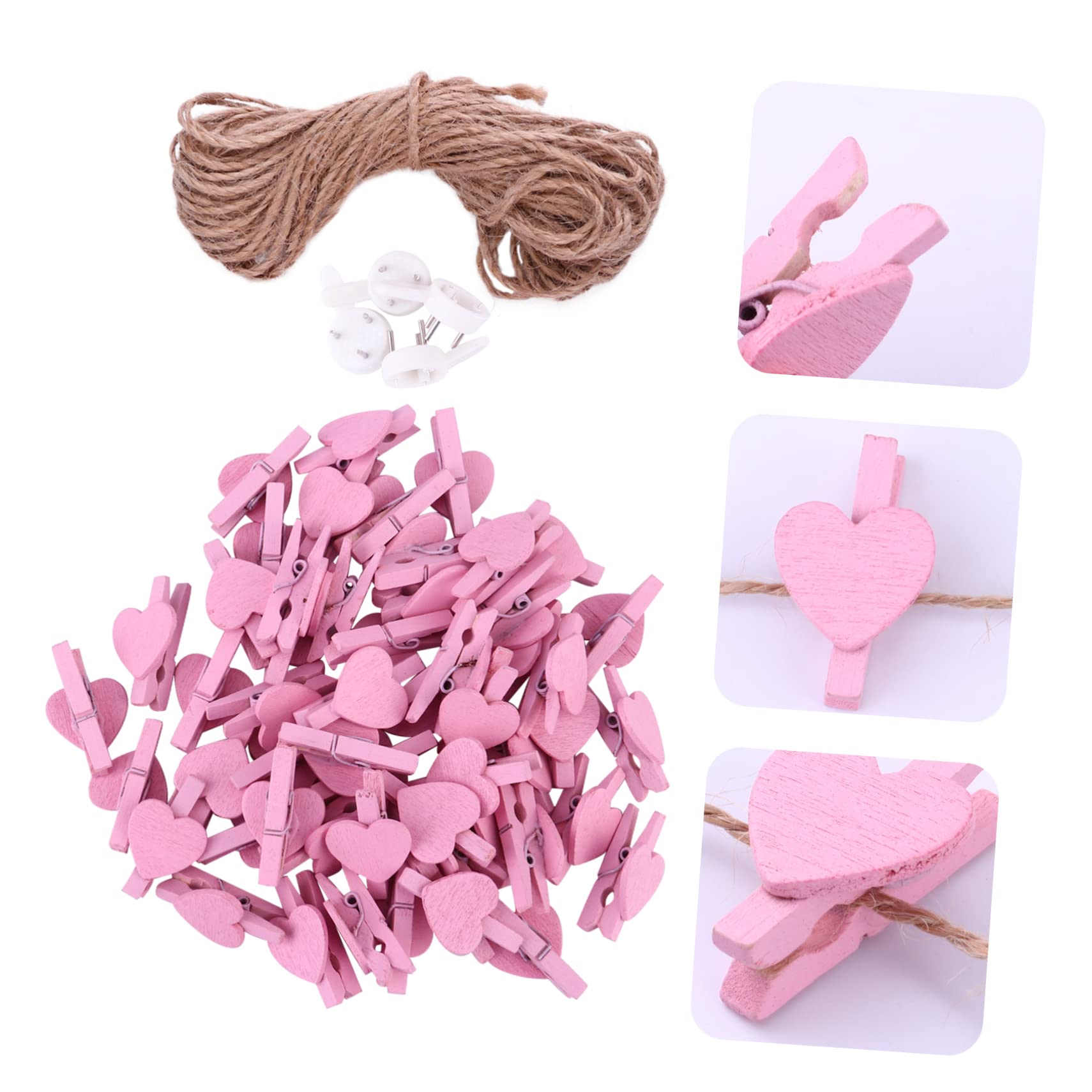RORPOIR 1Set Pink Photo Clips with Jute Twine and Pushpins DIY Memo Clamps for Room Decoration Heart Shaped Memo Holders for Crafting and Making