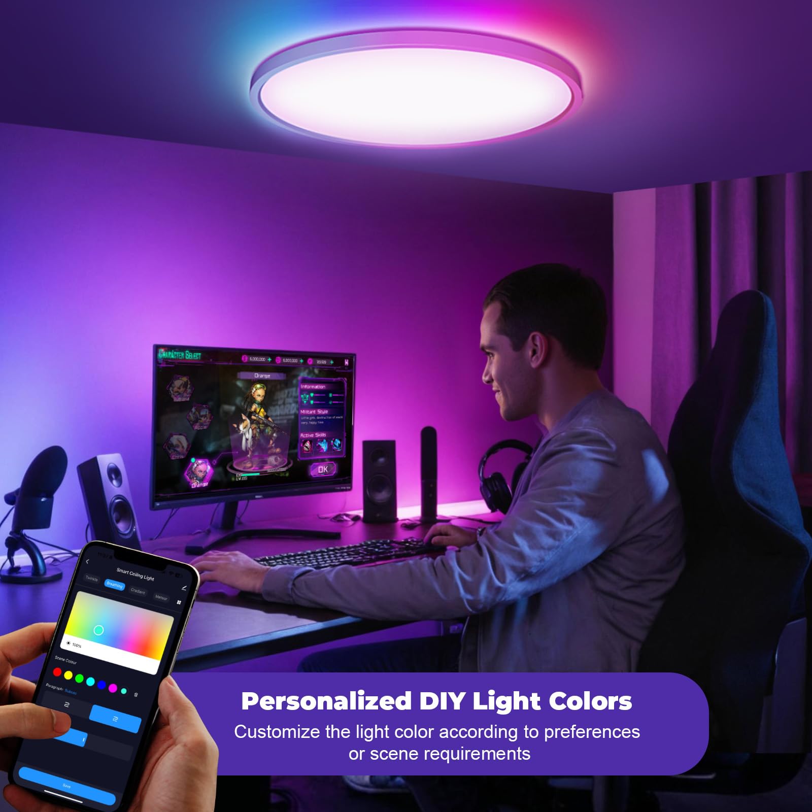Plafoniera LED Soffitto RGB, Intelligente Lampada LED Soffitto Dimmerabile, Compatibile con Alexa Google Hom, Lampadario con 16 Milioni Colori per Camera da letto, Soggiorno, Bagno, 28W, 2800LM, 30CM