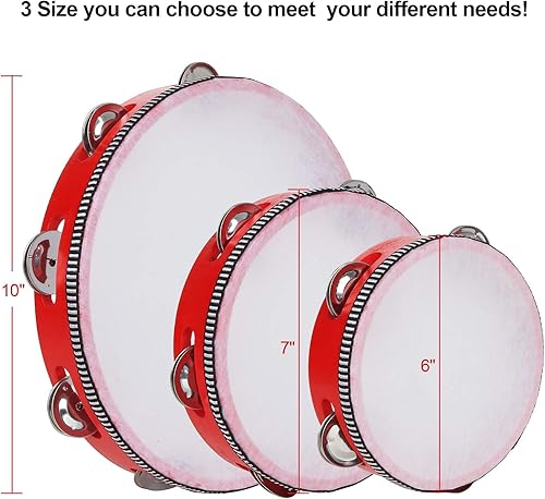 Miniatura 2 de Paquete de 3 panderetas de mano de madera de 6 pulgadas 7 pulgadas 10 pulgadas cascabeles de metal de mano de pandereta de percusión de una sola