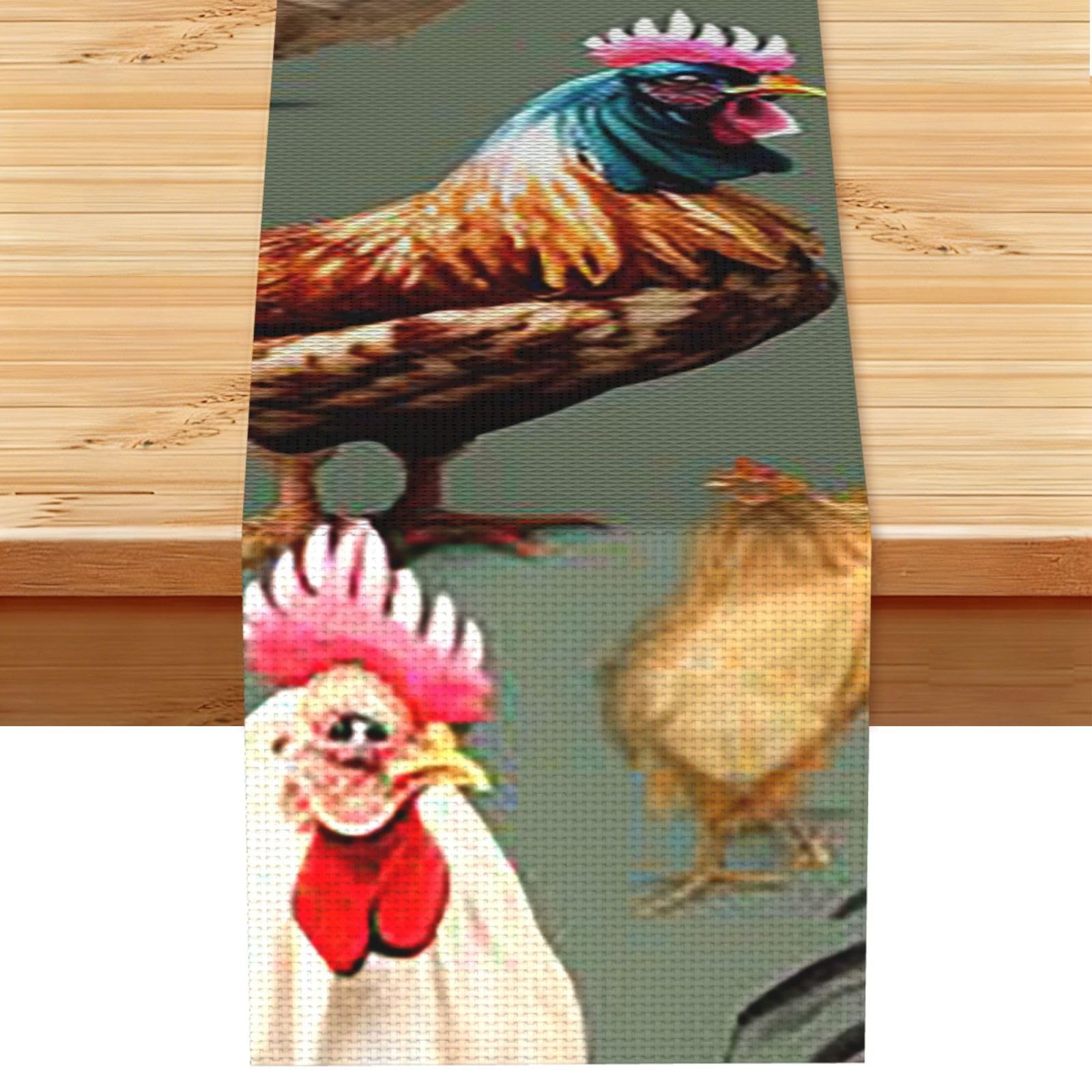 Chicken and Rooster Print Table Runner 13 x 72 Inches Long, Cotton Linen Table Runners for Kitchen Dining Table Decoration - Washable Tablecloth Modern Tablerunner for Home Party Decor