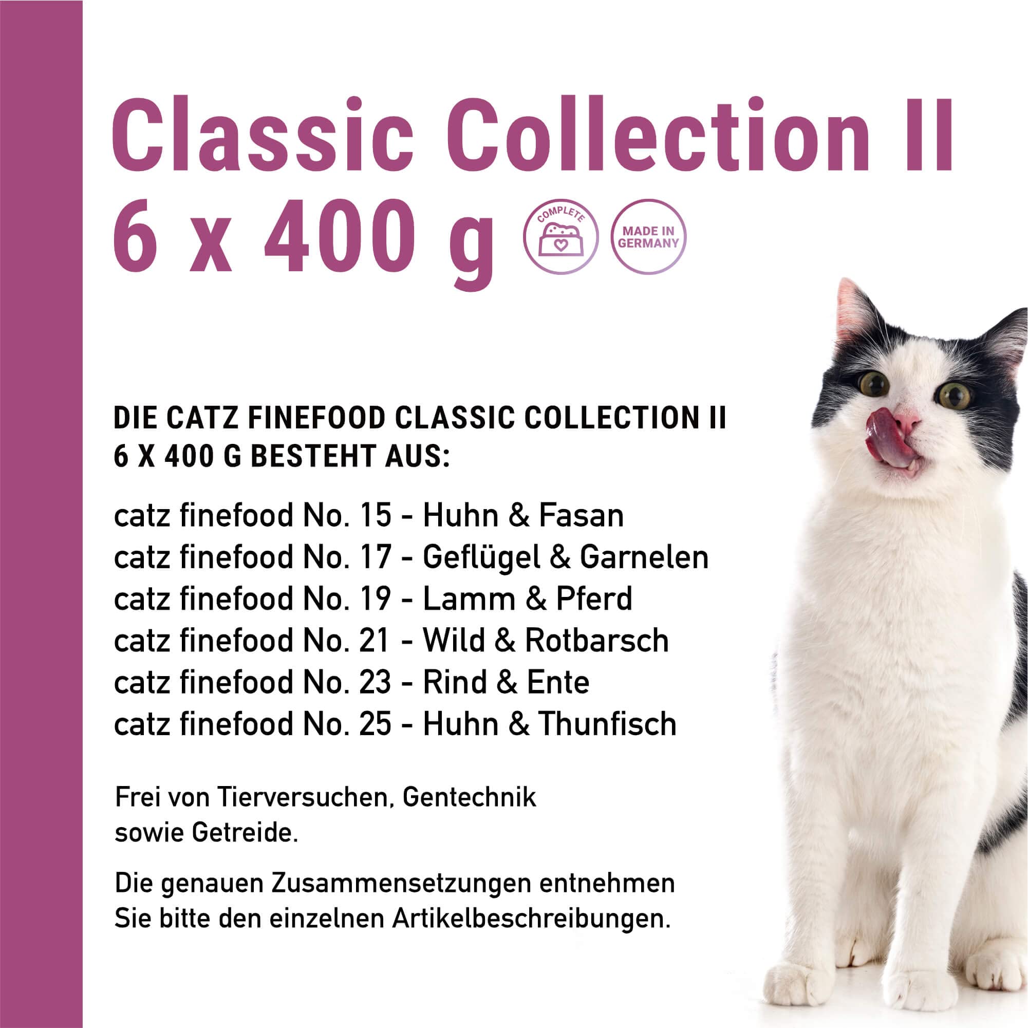 catz finefood Cibo per gatti bagnato Multipack 2, varietà Mix Pack 2 con pollo, tonno, manzo, scorfano, agnello, gamberetti, selvaggina, 6 barattoli da 400 g