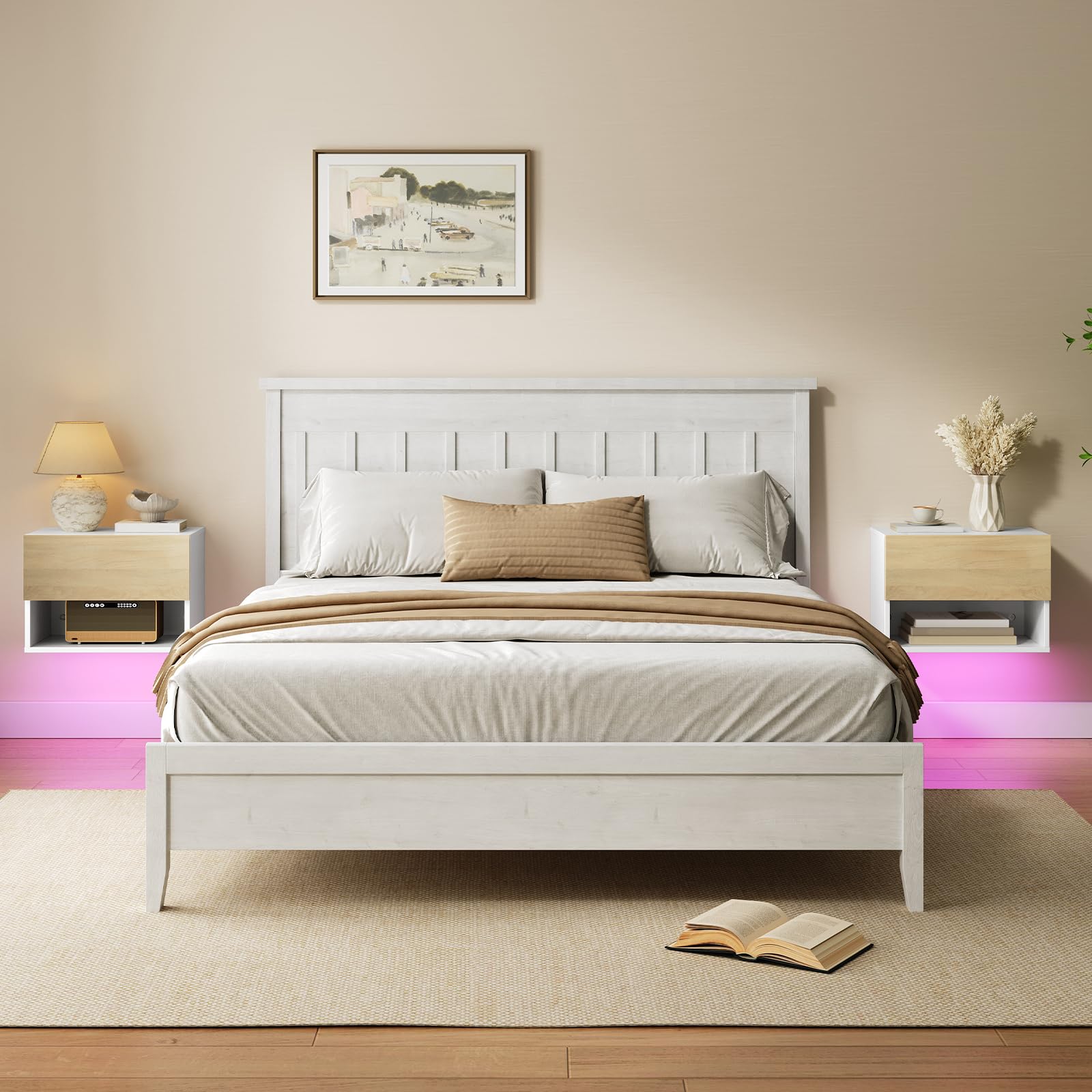 HOOBRO Mesita de Noche Flotante con Tira LED RGB, Mesa Auxiliar de Pared con 1 Cajón y 1 Compartimento, Mesa de Sofá, para Dormitorio, Sala de Estar, Blanco y Natural EWN202DBZ01