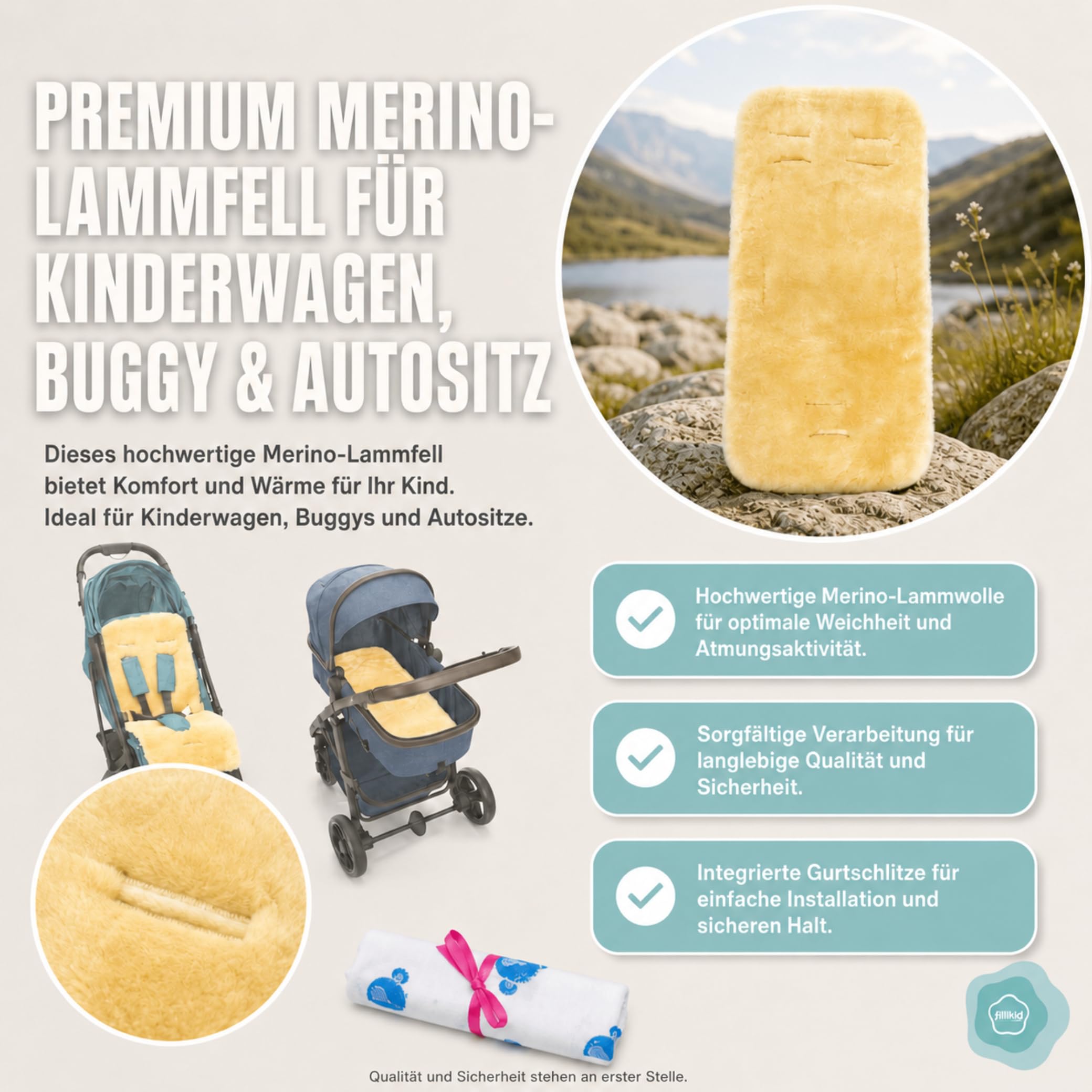 Fillikid Lammfelleinlage 73×33 Premium Merino-Lammfell für Kinderwagen Buggy Autositz mit Gurtschlitzen universal