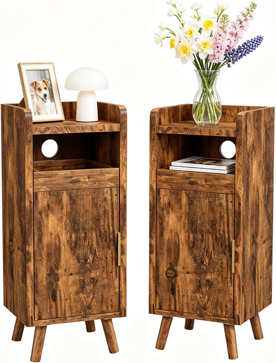 Slim Bedside Tables Set of 2, 25cm Narrow Bedside Tables with Cable Management Hole, Small Bedside Cabinet Wooden with Drawers, Thin Nightstand for Bedroom, Living Room, 25x 30 x 61 cm (Brown)