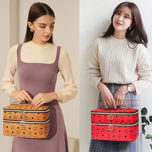 Miniatura 6 de LACATTURA Bolsa de maquillaje de viaje para mujer, bolsa de cosméticos de cuero, Rojo-L, Bolsa de maquillaje de doble capa