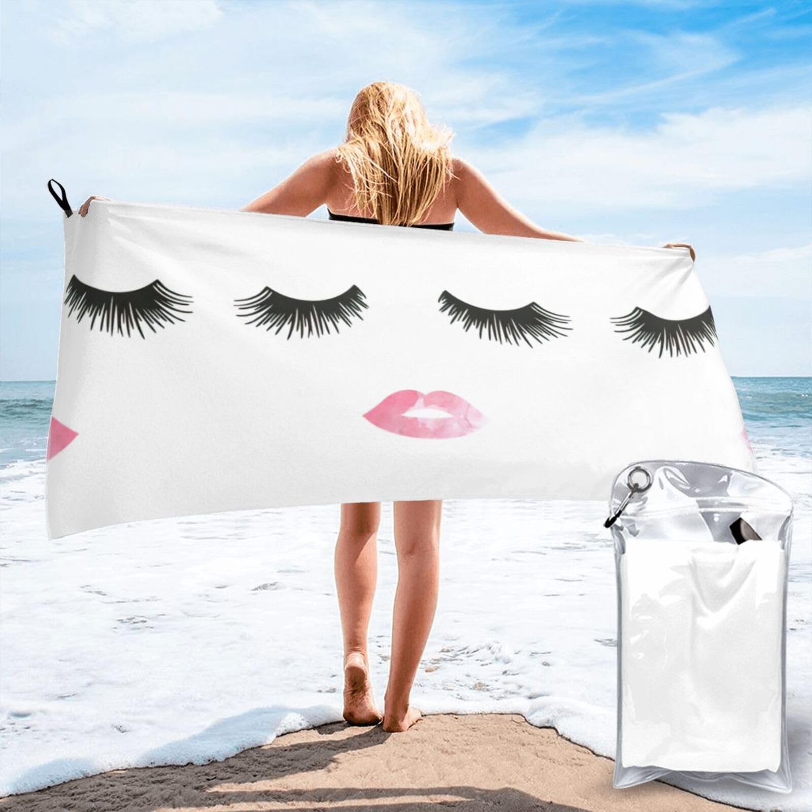 WYCZHY Eyelash Lip White Print Beach Towel Soft Quick Dry For Spa Pool Gym Vacation Travelers Women Men Adults Sauna Gift