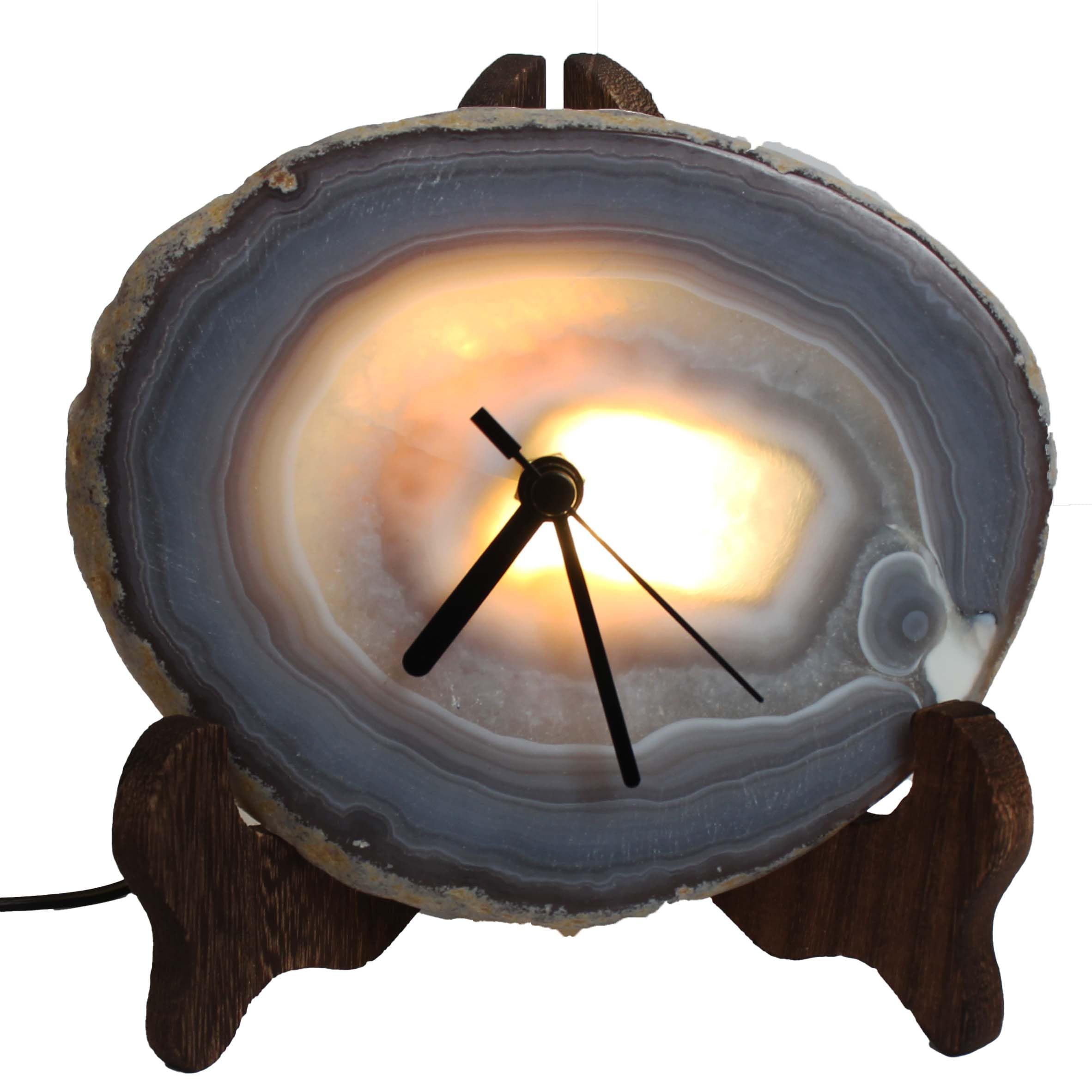 Orologio da scrivania con fette di agata naturale con retroilluminazione a LED, orologio da tavolo unico al quarzo in cristallo grezzo, arte geode unica nel suo genere, decorazione per casa e