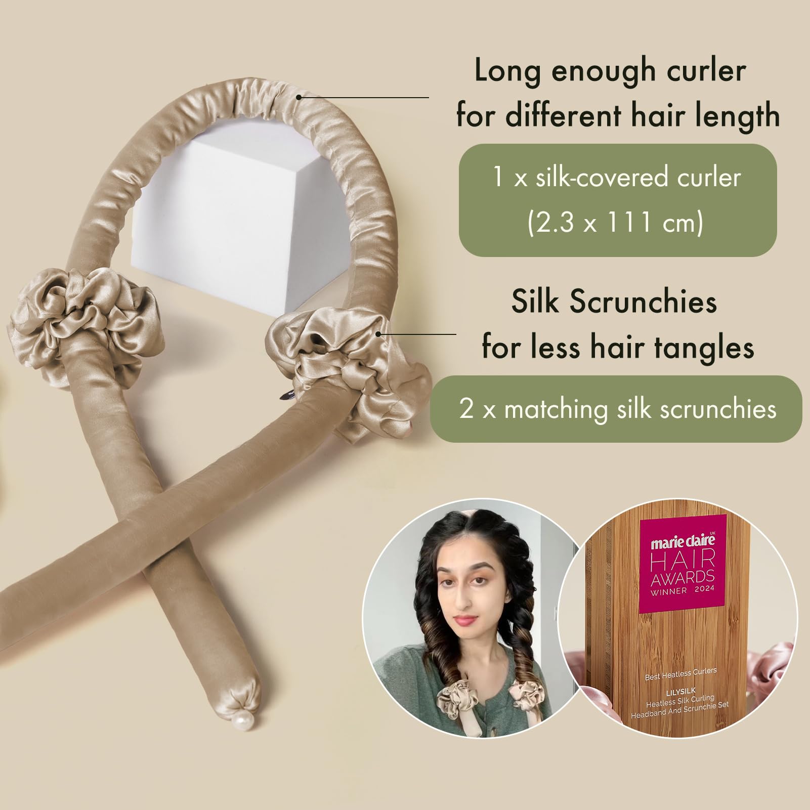 LILYSILK Heatless 100% Mulberry Silk Curling Headband And 2 Silk Scrunchie Set Hair Diy Hair Styling Tools, Taupe - Image 3