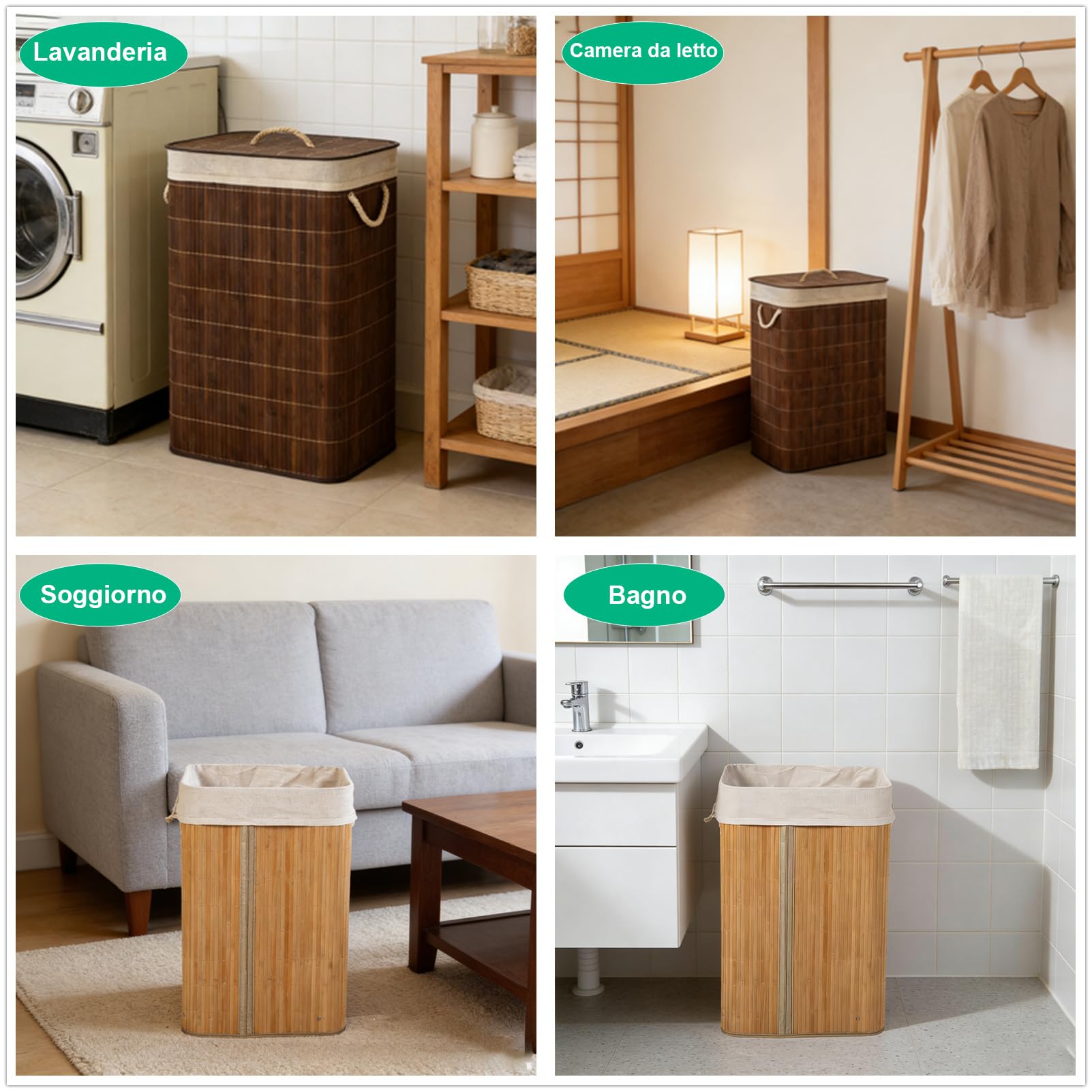 Cesto portabiancheria in bambù con coperchio, pieghevole, 58 l/72 l, in bambù naturale intrecciato, con borsa rimovibile, buon flusso d'aria (naturale, quadrato, 60 x 40 x 30 cm)