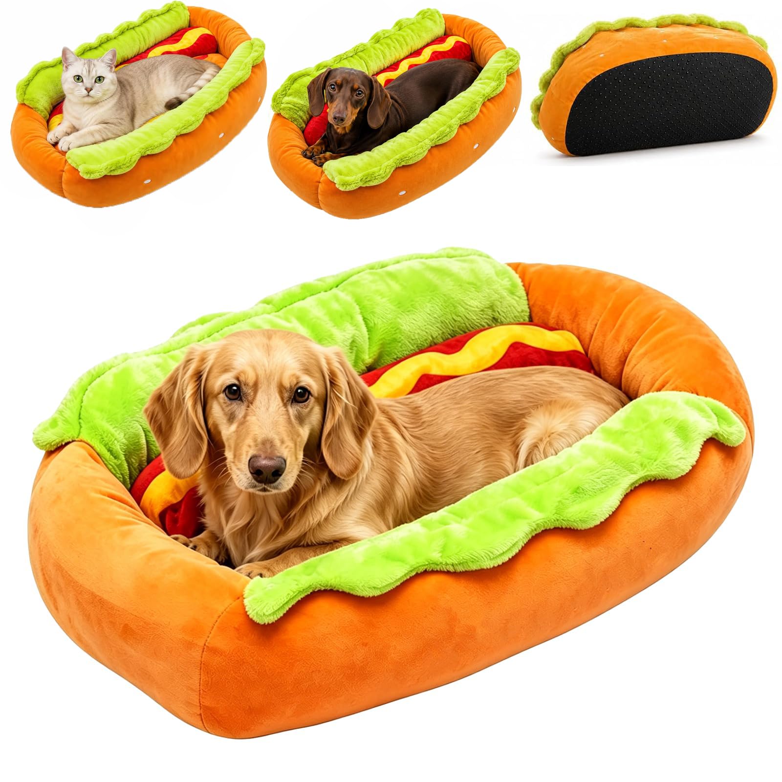 Cuccia a forma di hot dog, cuccia per cani e gatti, lavabile, tappetino rimovibile, base antiscivolo, chiusura lampo, letto per animali domestici rimovibile (M)