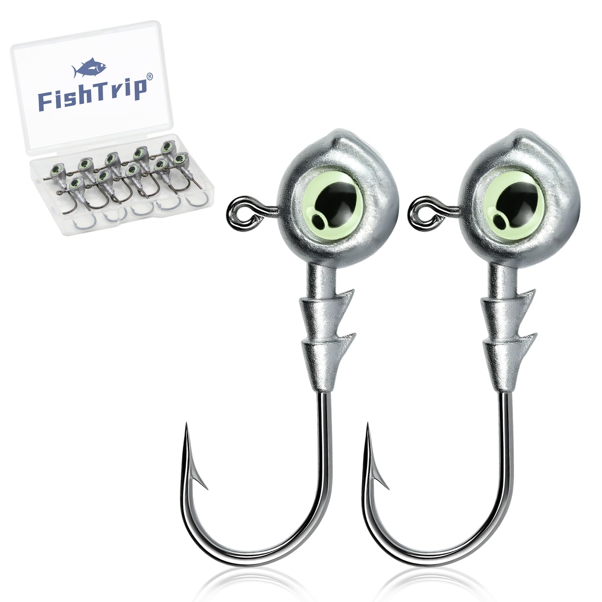 FishTrip 3D Eyes Swimbait Fishing Jig Heads, 10/15 Pack Weighted Trout Walleye Jig Heads Bass Hooks for Freshwater Saltwater Fishing 1/8oz 3/16oz 1/