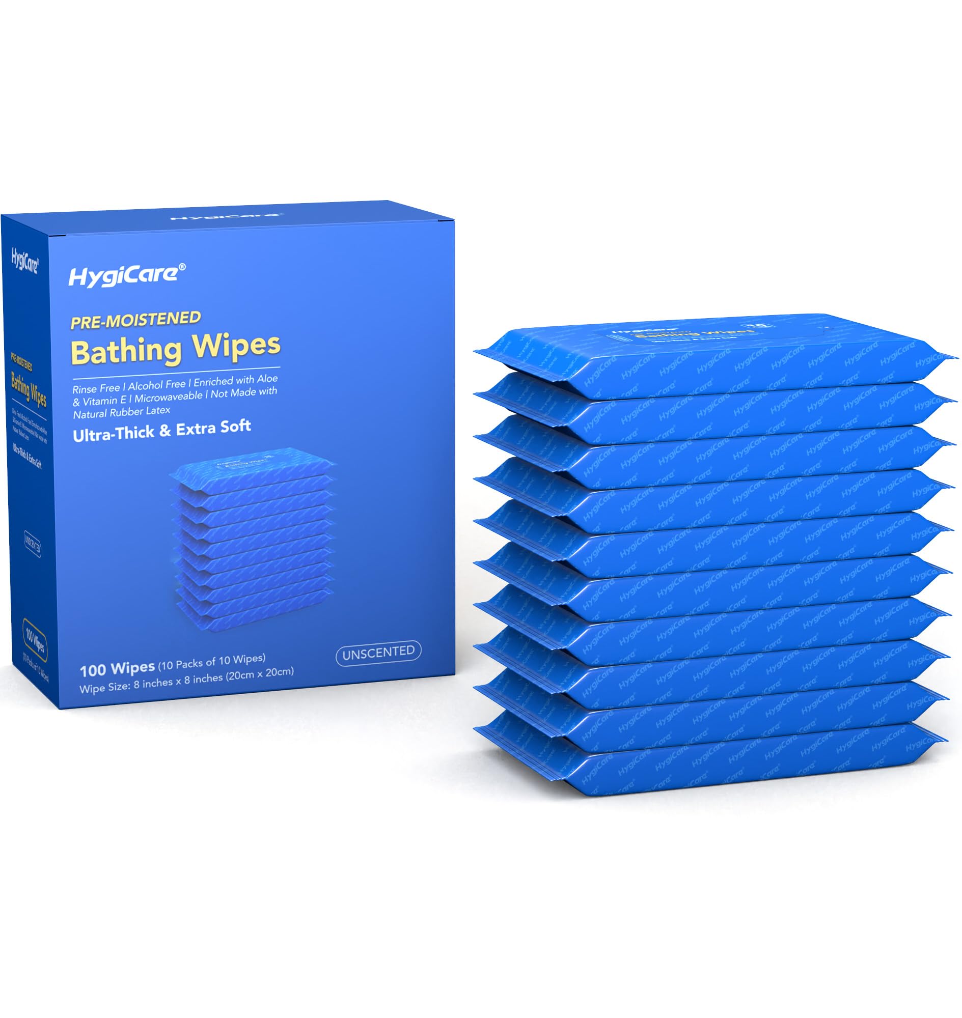 HygiCare Body Bathing Wipes, Rinse Free, pH balance, Enriched with Aloe and Vitamin E, Fit All Skin Types, Perfect for Camping, Hiking, Gyms, Fitness,