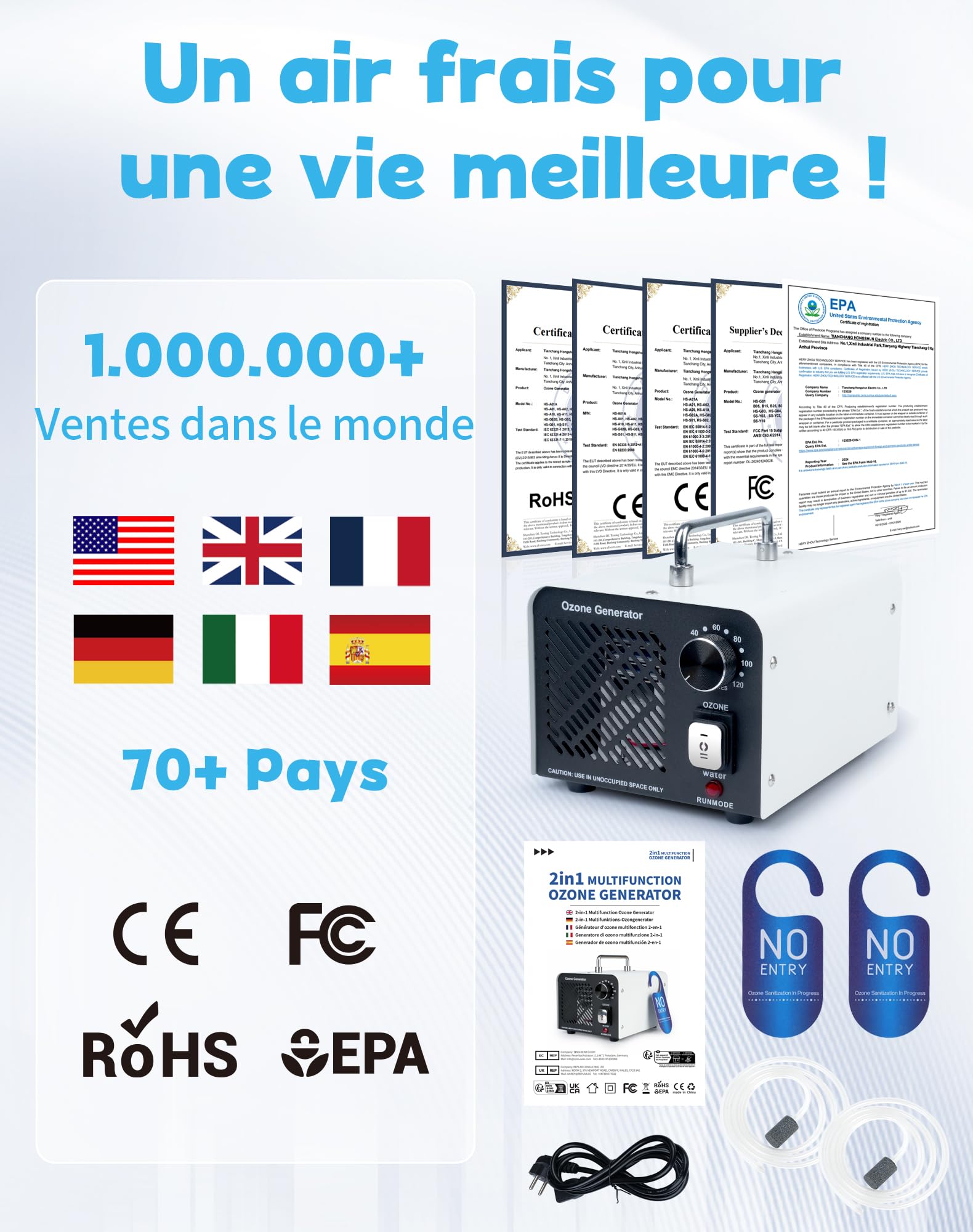 2IN1 Générateur d'Ozone 60 000 mg/h Purificateur d'ozone avec mode eau et air O3 Generateur Ozone pour Éliminer les Odeurs Ozonateur 150W Purificateur d'air à l'ozone pour maison et voiture Animaux