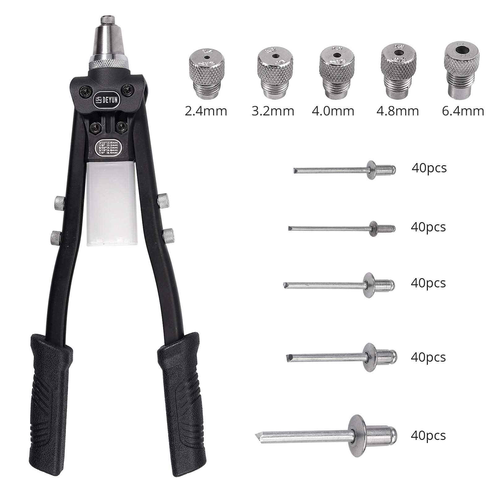 AUTOUTLET 16 Inch Heavy Duty Rivet Gun Hand Riveter,Works with Aluminum, Steel and Stainless Steel Rivets,5 Nosepieces Included, 200PC Rivet