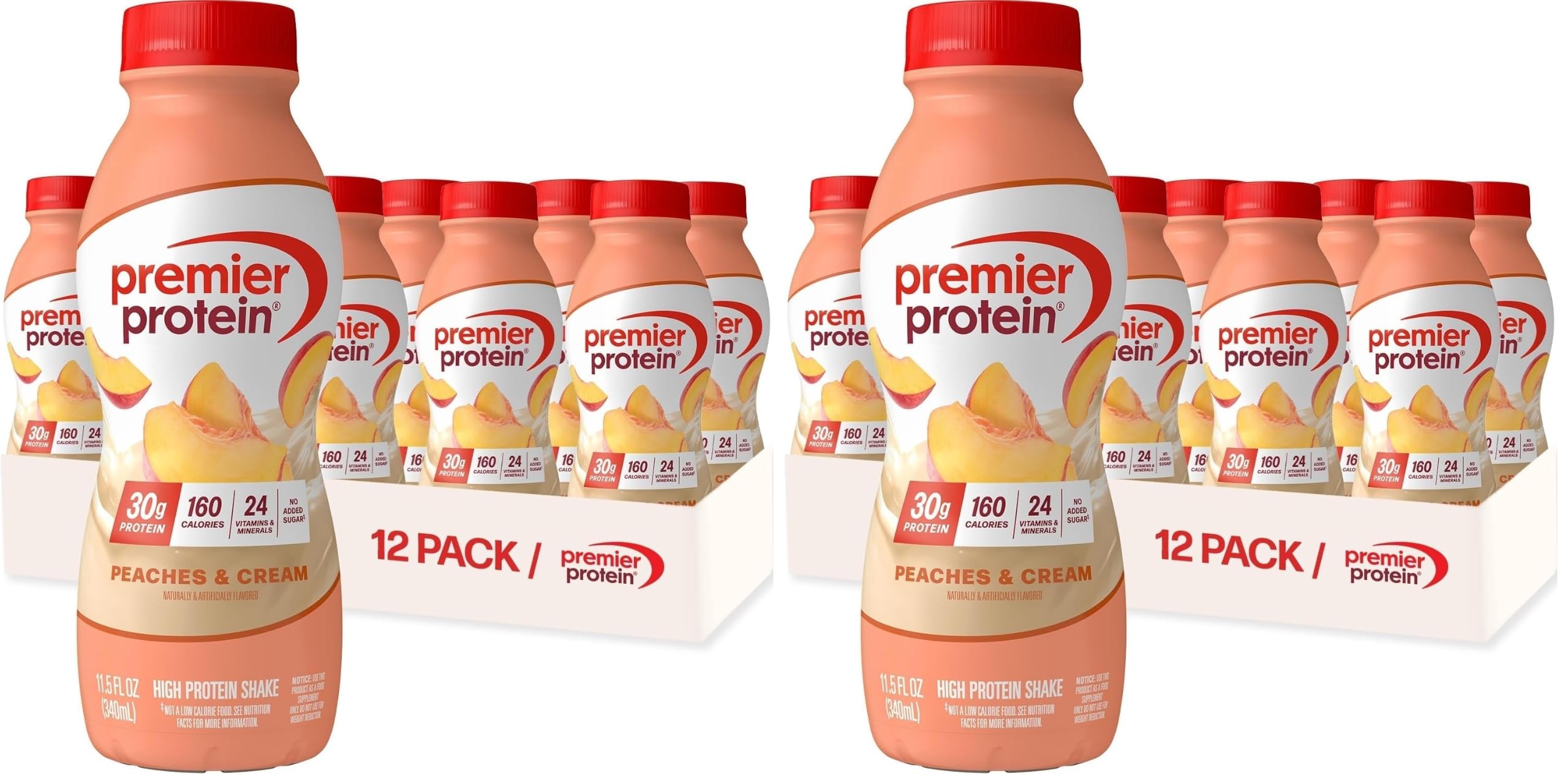 Premier Protein Shake, Peaches &amp; Cream, 30g Protein, No Added Sugar, 24 Vitamins &amp; Minerals to Support Immune Health, 11.5 fl oz (24 Pack)