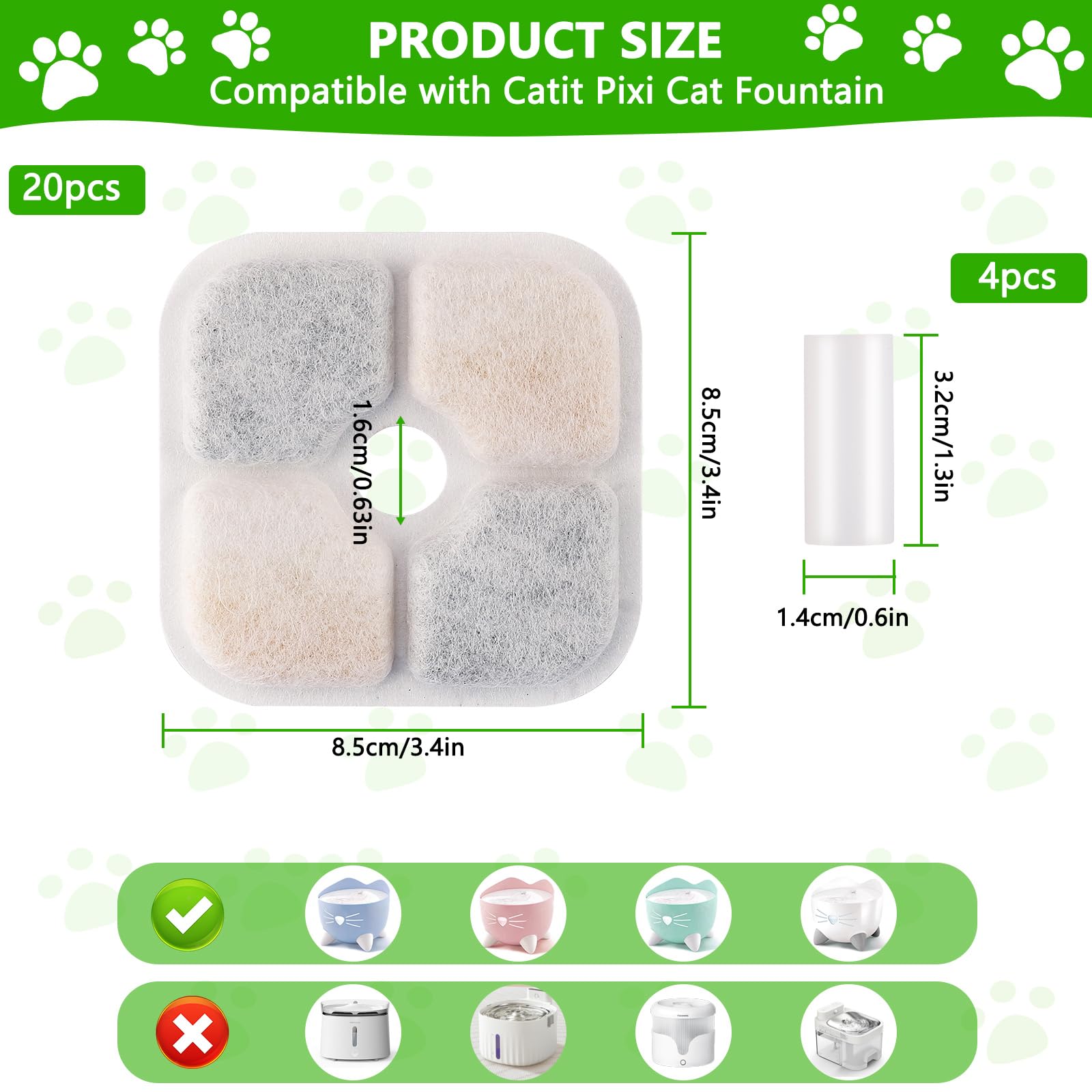 20 Pezzi Filtro Fontanella per Gatti con Resina e Carboni Attivi, Filtri di Ricambio Compatibili con Catit Pixi, Accessori Fontana Acqua per Gatti e Cani
