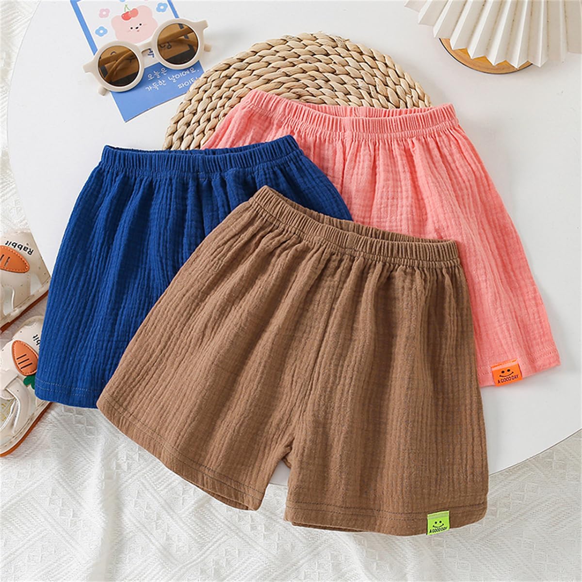 Lot de 3 Short en Gaze de Coton Bébé Pantalon Court à Taille Élastique en Coton et Lin Short d'été Décontracté Couleur Unie pour Bébé Enfants Fille Garçon 1-11 Ans Vêtements d'été