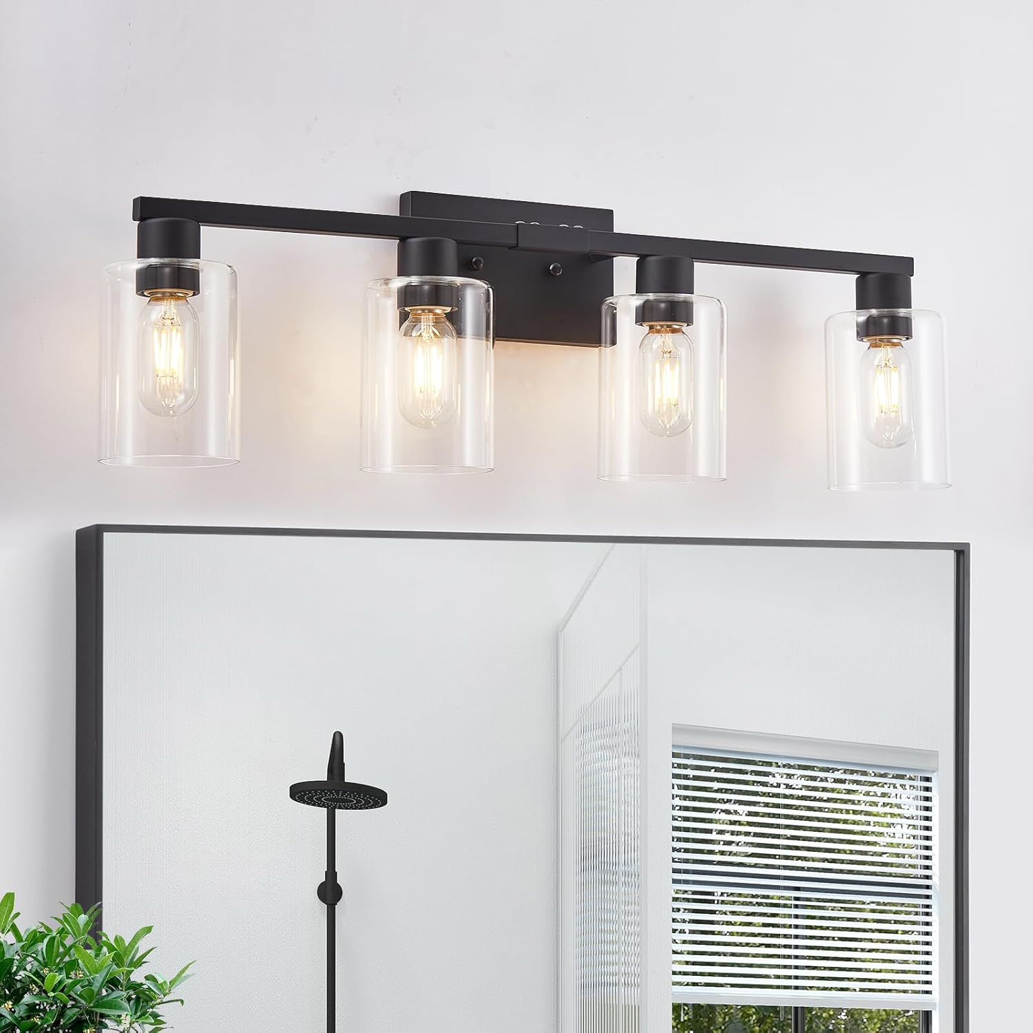 4 Light Bathroom Vanity Light Fixtures, Black Farmhouse Bathroom Vanity Light with Clear Glass Shade, Bathroom Lighting Fixtures Over Mirror, Vanity Lights for Bathroom Mirror Black-4light