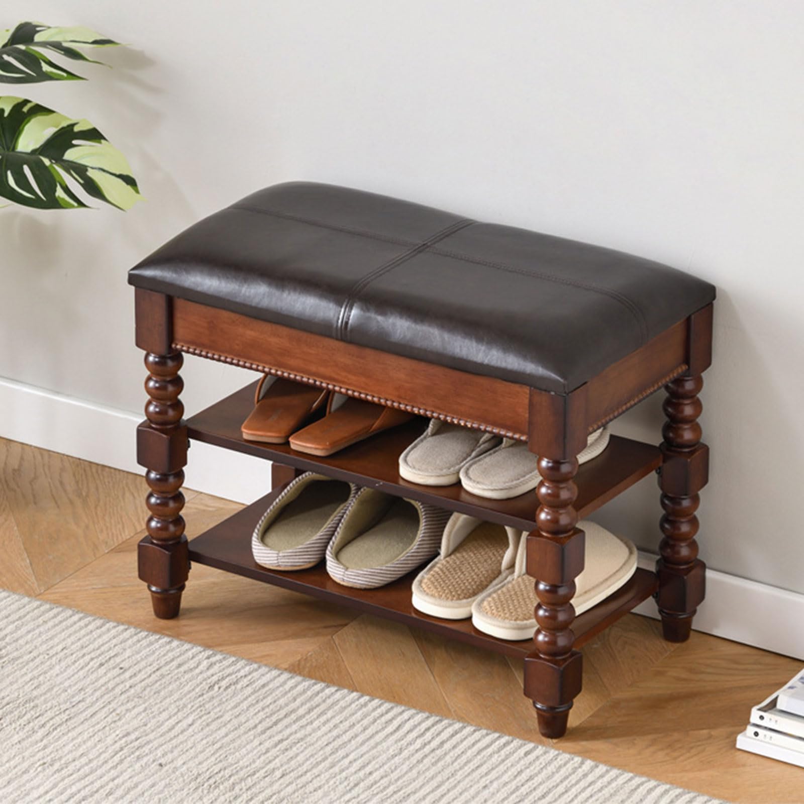 Tabouret à chaussures en bois massif meuble rangement entrée salon 60cm