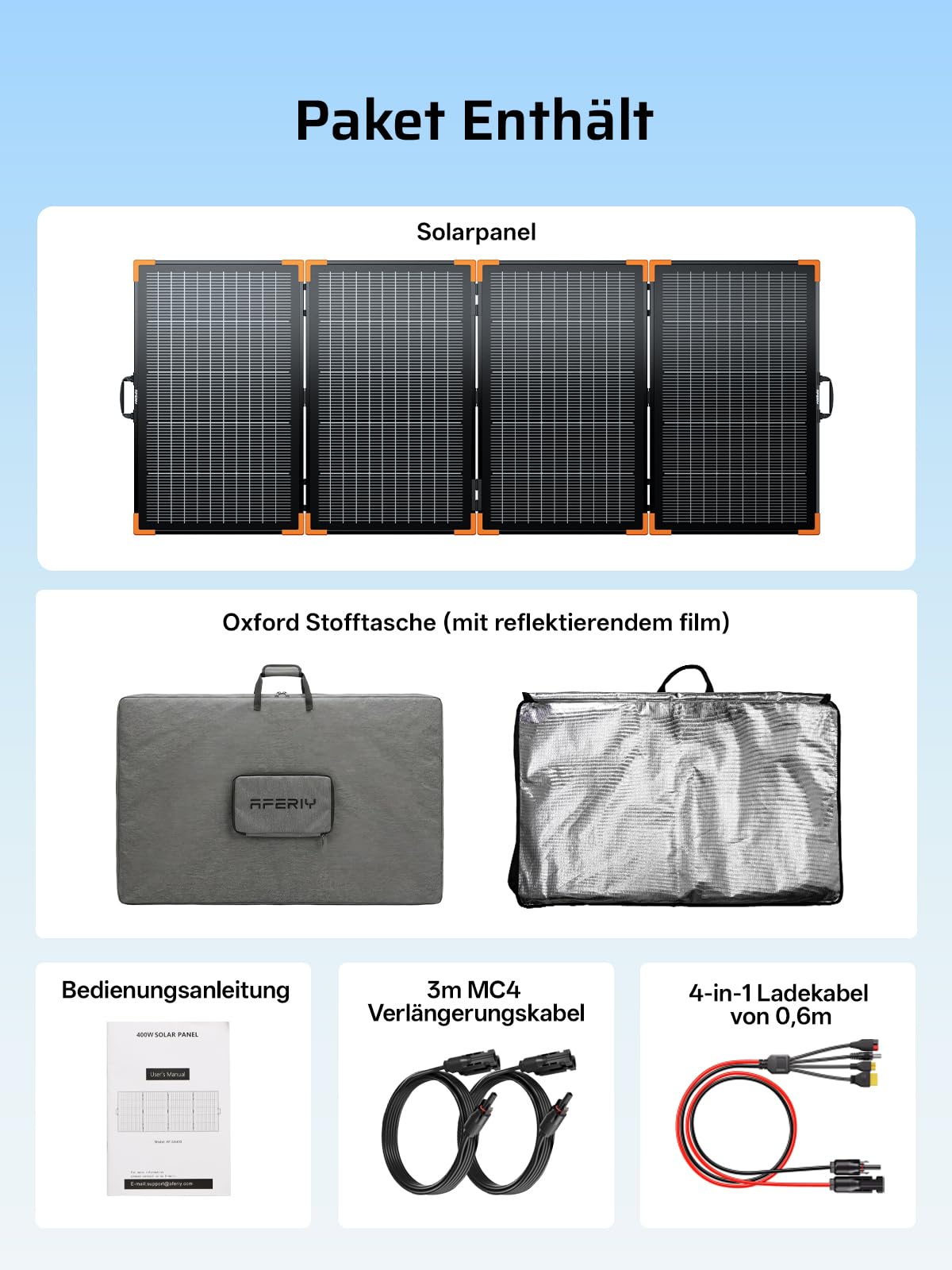 AFERIY Faltbares Solarpanel 400W Solarmodul ETFE für Tragbare Powerstation und Outdoor Solargenerator Hoch Leistung Akku für Camping Garten Laptop