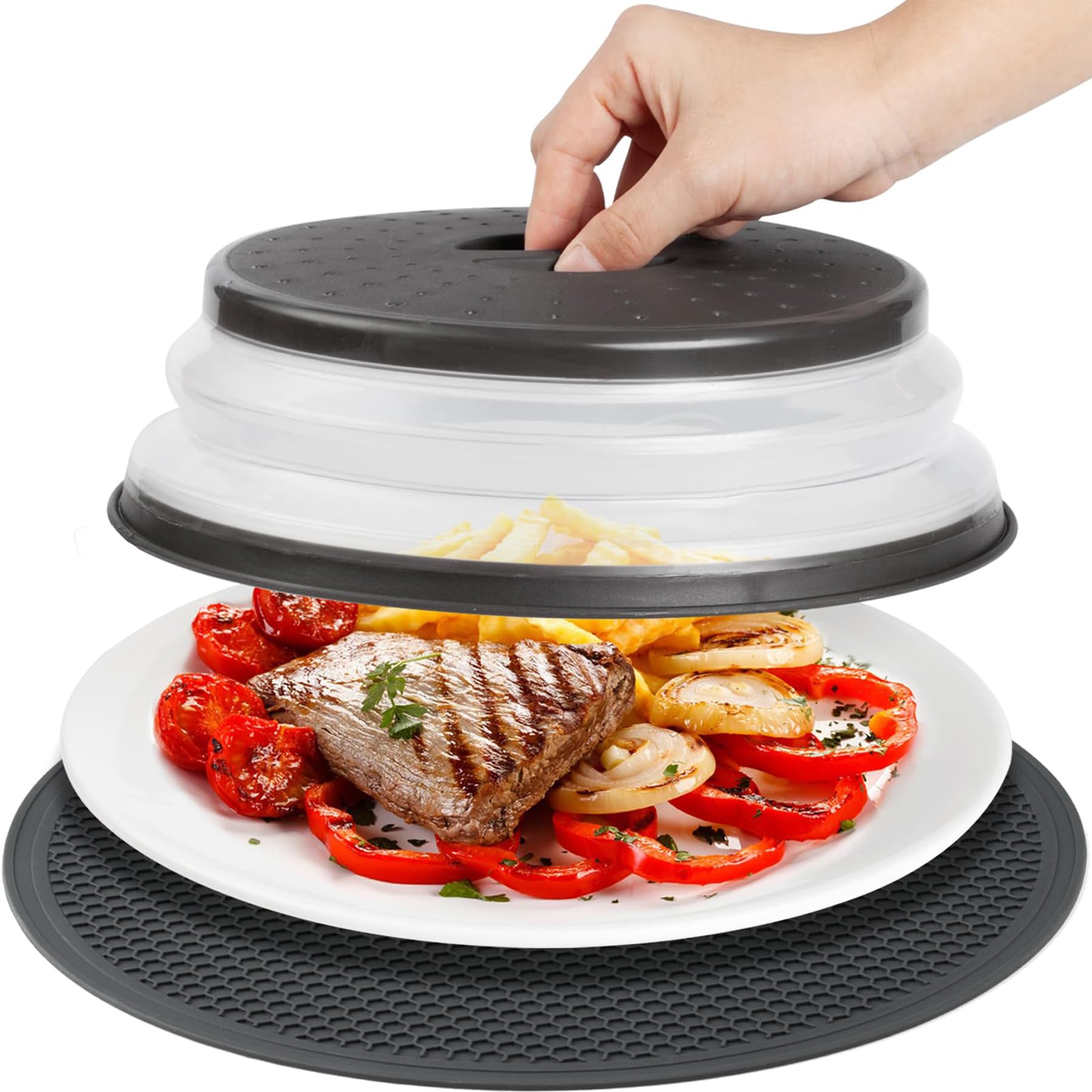 Bambeav Microwave Splatter Cover & Silicone Mat – Collapsible, Vented, Reusable Food Guard and Plate Cover with Heat-Resistant Trivet for Pots, Pans, and Kitchen Counter, Black