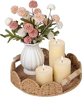 CubesLand Round Scalloped Decorative Centerpiece Tray for Coffee Table, Home Decor, Living Room - Neutral Tray w/Wooden Handle – Warm and Elegant for Holidays, Housewarmings - Candle Plate Holder