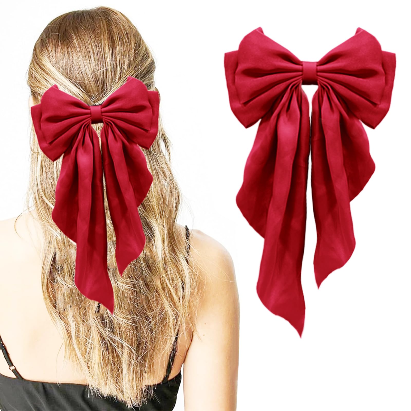 Large Red Satin Hair Bows, Clips, and Barrettes - Hair Accessories for Women, Christmas Gift