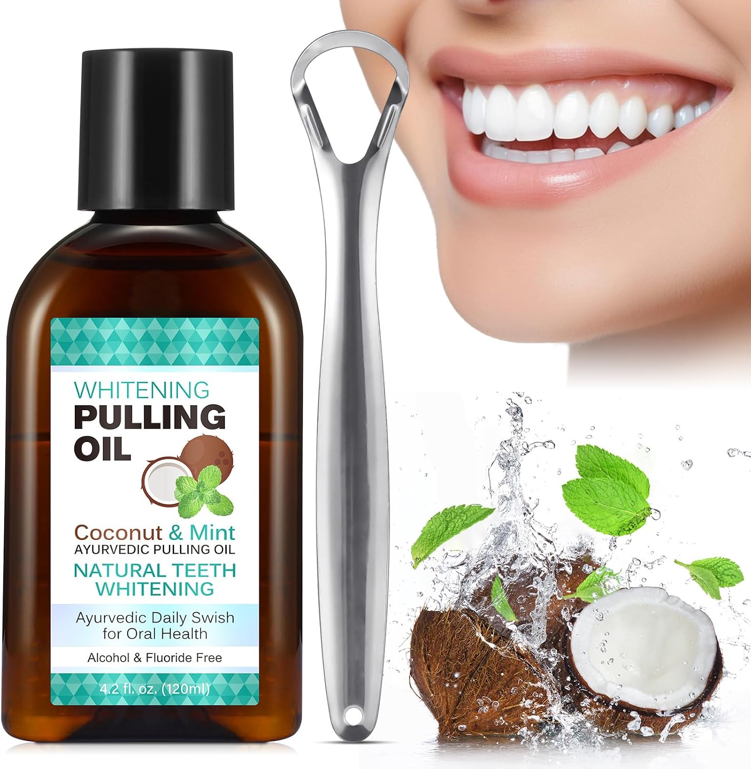 sefudun Whitening Coconut Pulling Oil (4.2 Fl.Oz),with Tongue Scraper+Measuring Cup, Coconut Mint Pulling Oil for Teeth, Pulling Oil for Teeth Whitening and Healthier Gum&Teeth-Travel Size, Clear