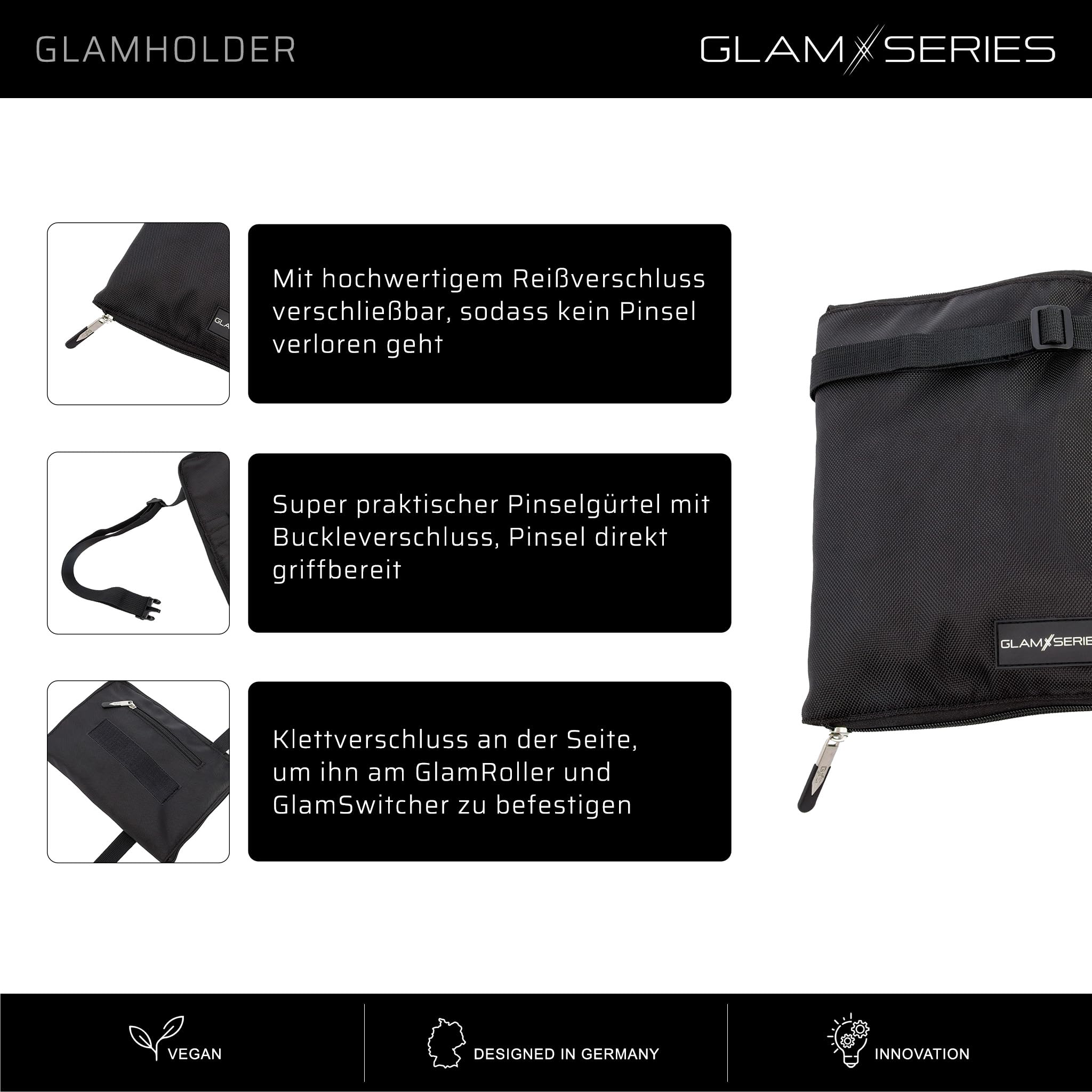 GlamHolder Pinselgürtel 270 x 190 mm mit Mehreren Fächern für Make-up Pinsel, zusammenfaltbare Pinseltasche mit Gürtel