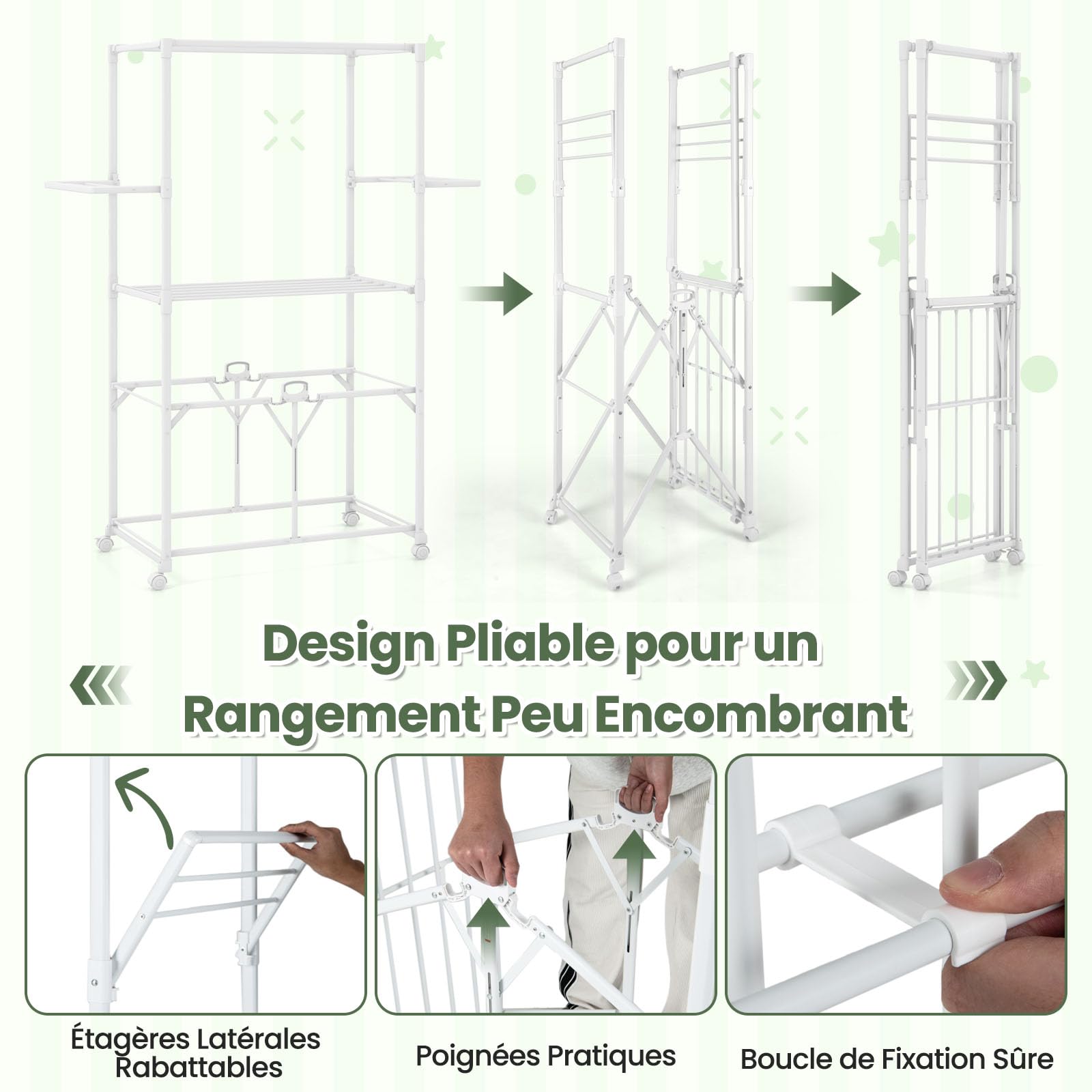 COSTWAY Grand Séchoir à Linge Pliable en Alu, Étendoir à Linge a roulettes 174 CM, 10 Barres, 2 Tringles, 2 Ailes Latérales, Étagère Rabattable, Portant a Vetement, Tancarville Linge, Montage Rapide