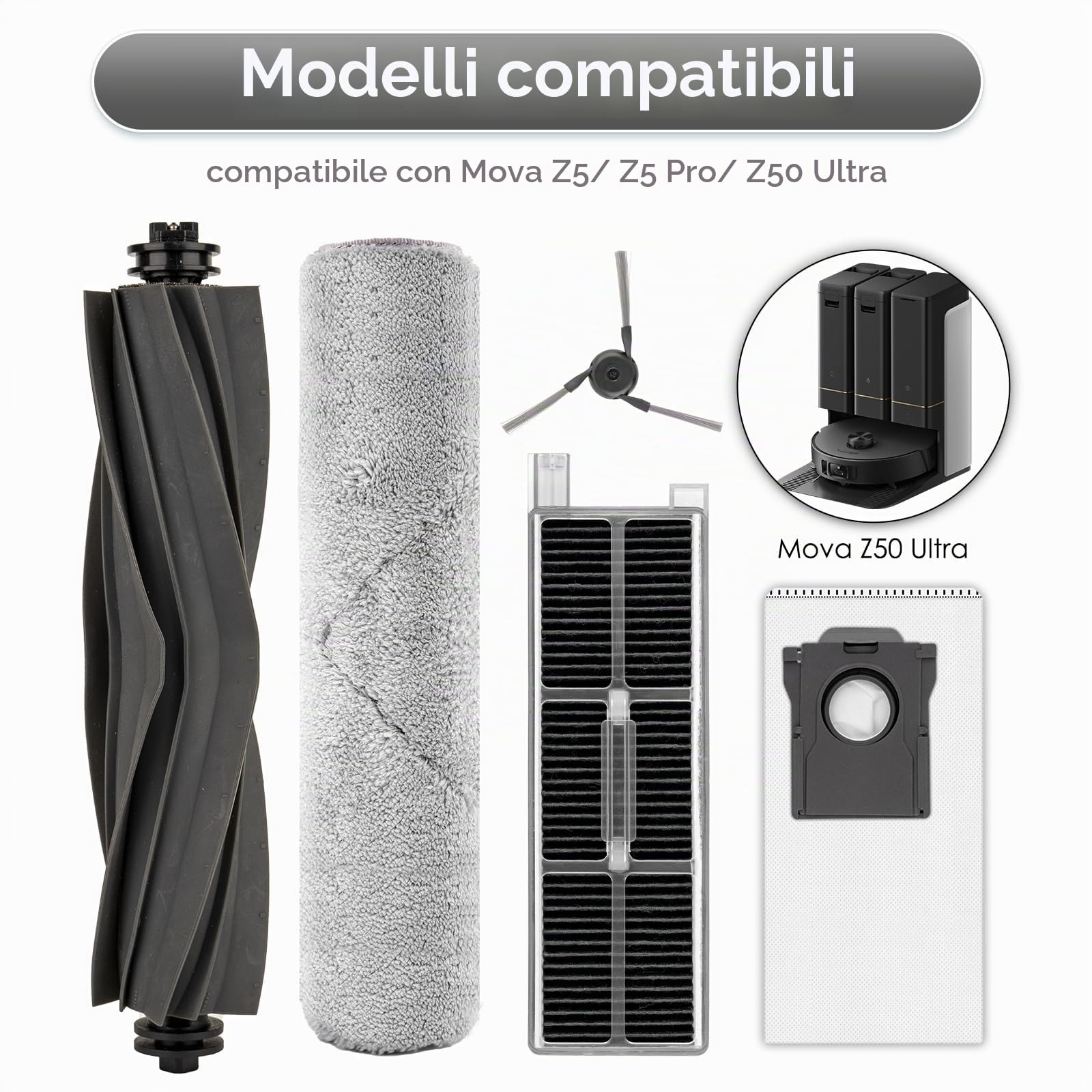 (24 pezzi) Parti di ricambio per aspirapolvere Mova Z50 Ultra, Z5 Z5 Pro Ultra, 1 spazzola a rullo, 1 mocio a cingoli, 7 filtri HEPA, 7 sacchetti raccoglipolvere, 8 spazzole laterali, kit di accessori