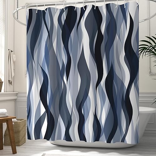 Miniatura 4 de ChloropLastid Cortina de ducha retro azul grisáceo, diseño de líneas vibrantes, diseño estético abstracto, cortina de ducha de baño, tela a rayas