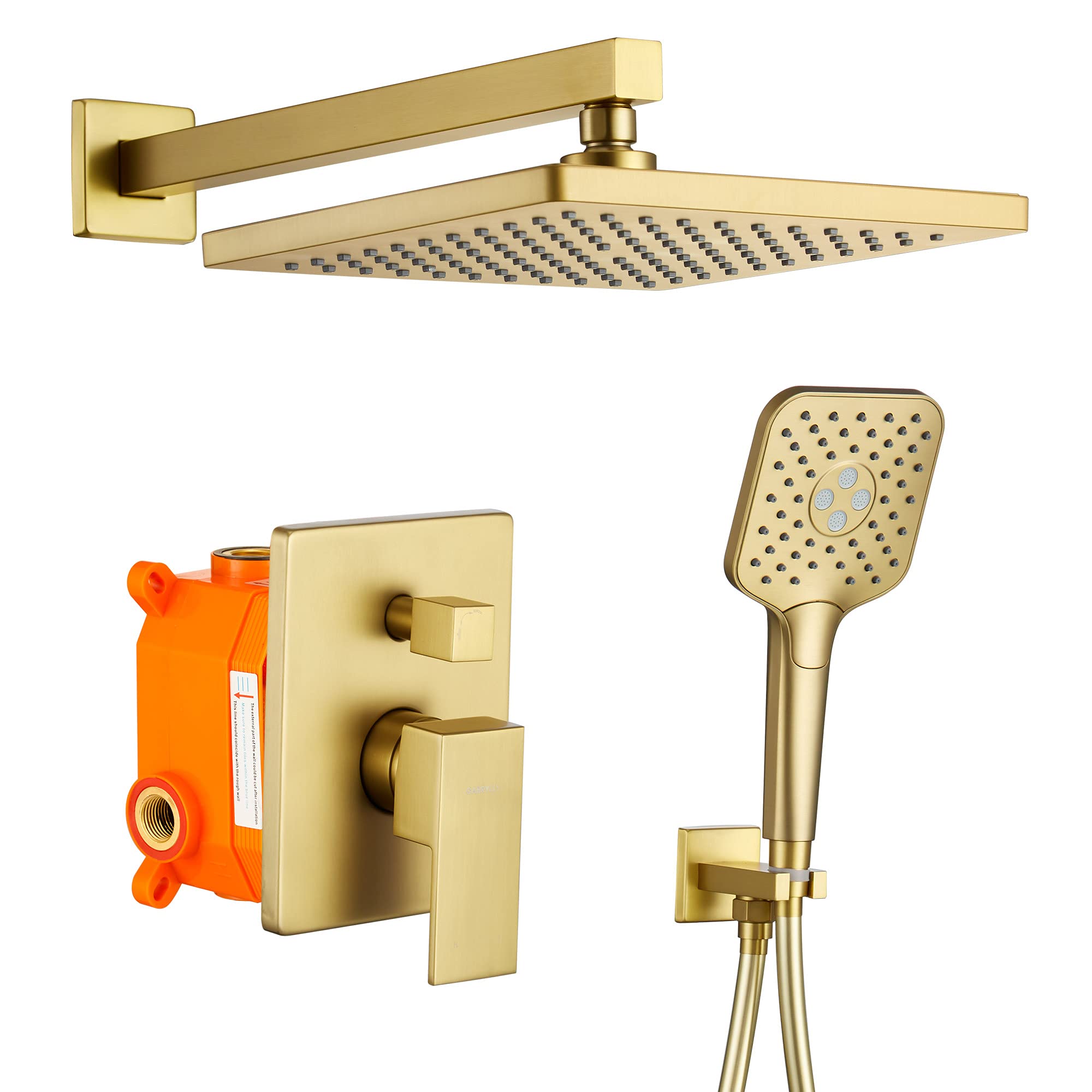 Shower System, Wall Mounted Shower Faucet Set for Bathroom with High Pressure 10" Rain Shower head and 3-Setting Handheld Shower Head Set, 2 Way Pressure Balance Shower Valve Kit, Brushed Gold