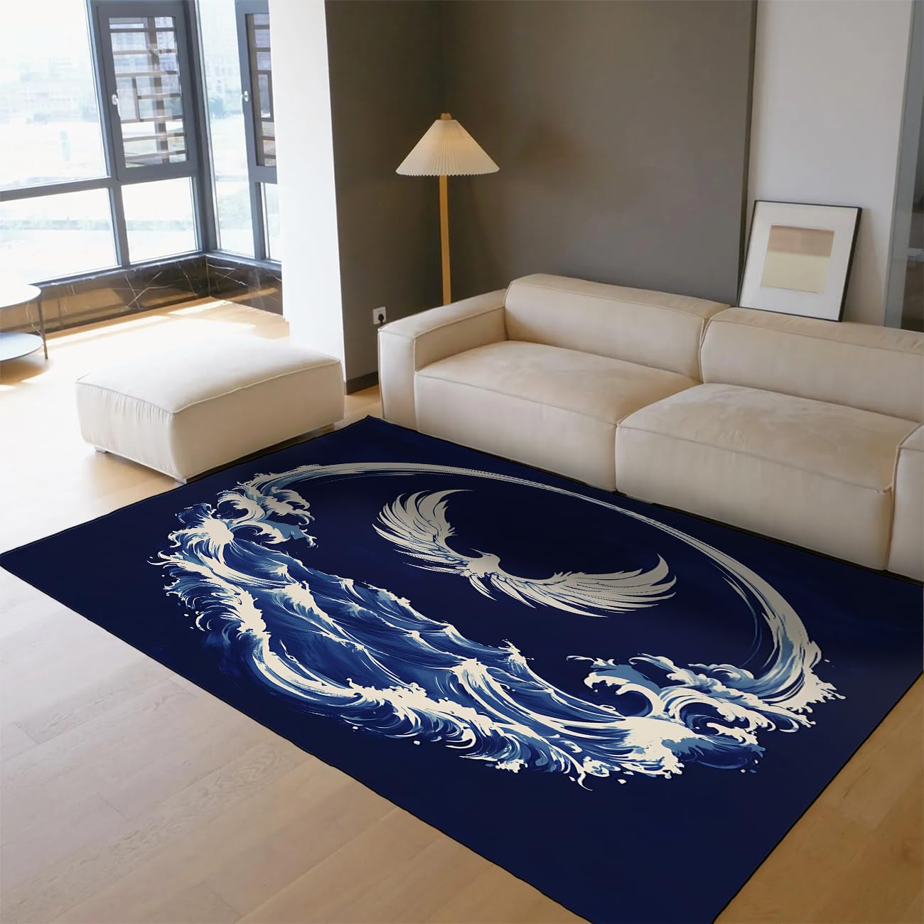 Tapis japonais vague phénix 140x200 cm lavable et antidérapant pour le salon